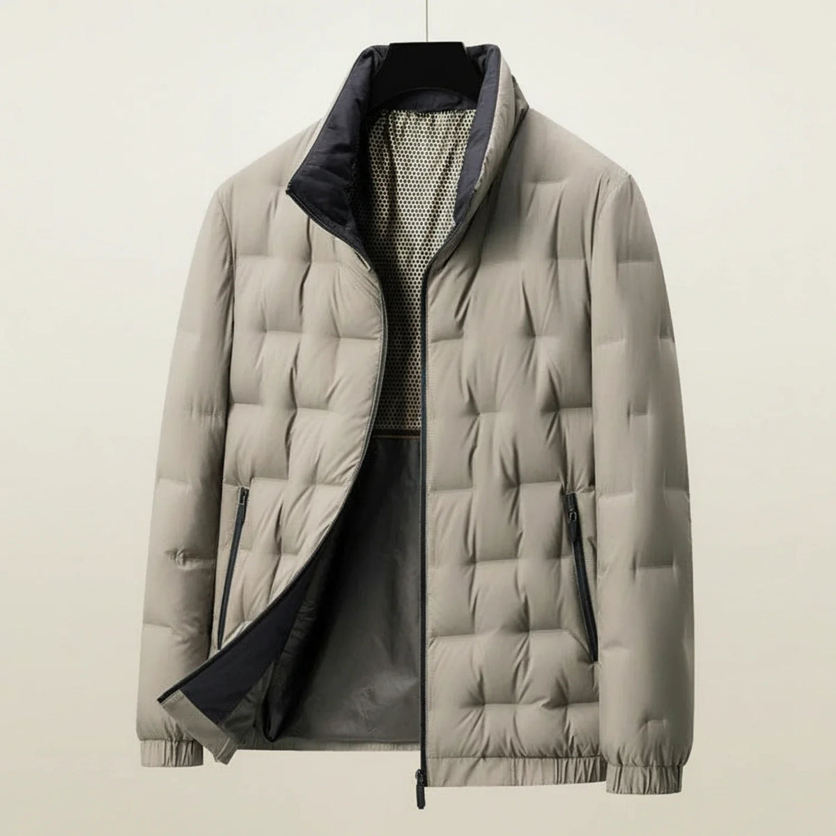 Men's lightweight quilted puffer jacket in neutral tone, slim fit with channel stitching for daily wear