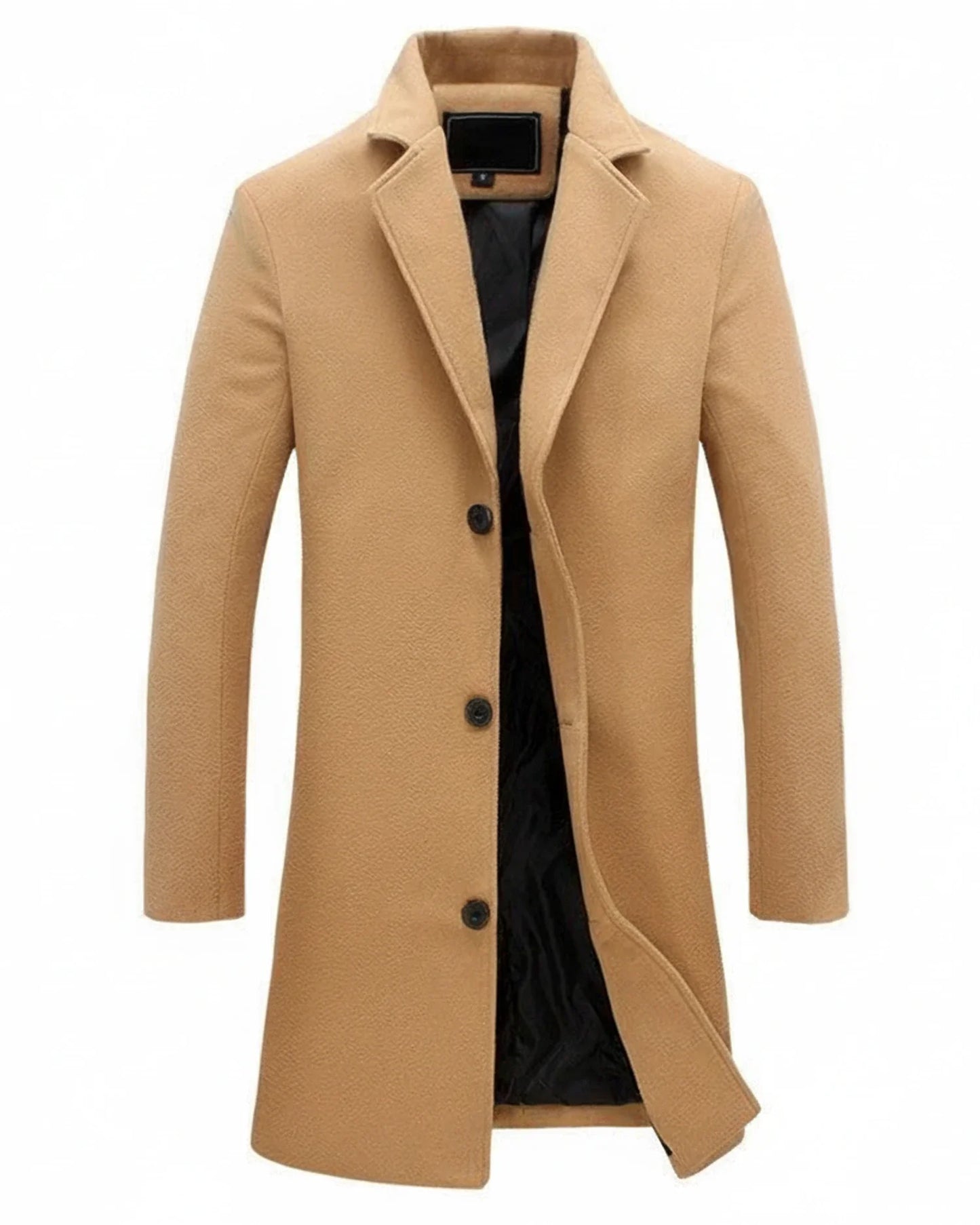 Men's classic long overcoat notch lapel button-front formal casual versatile streamlined silhouette