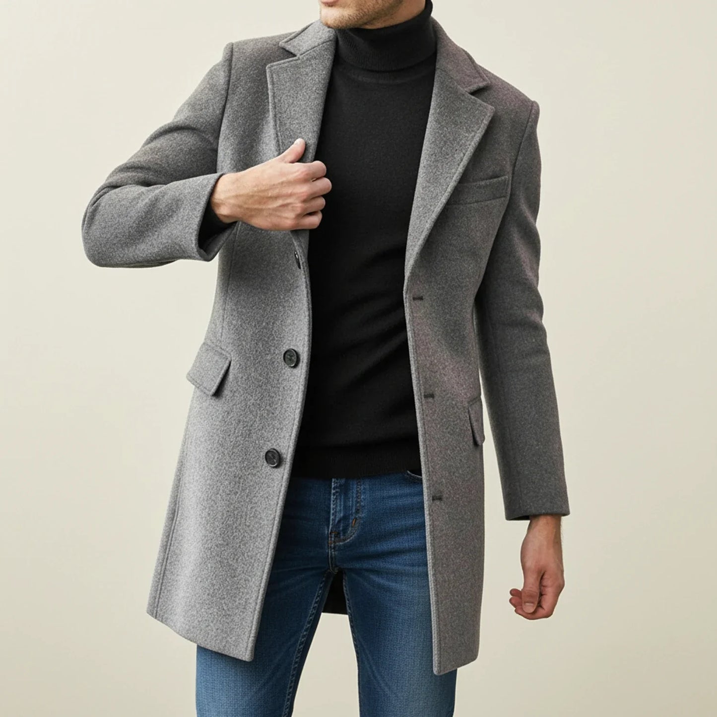 Men's dark wool knee-length overcoat with notched lapel and single-breasted tailored fit