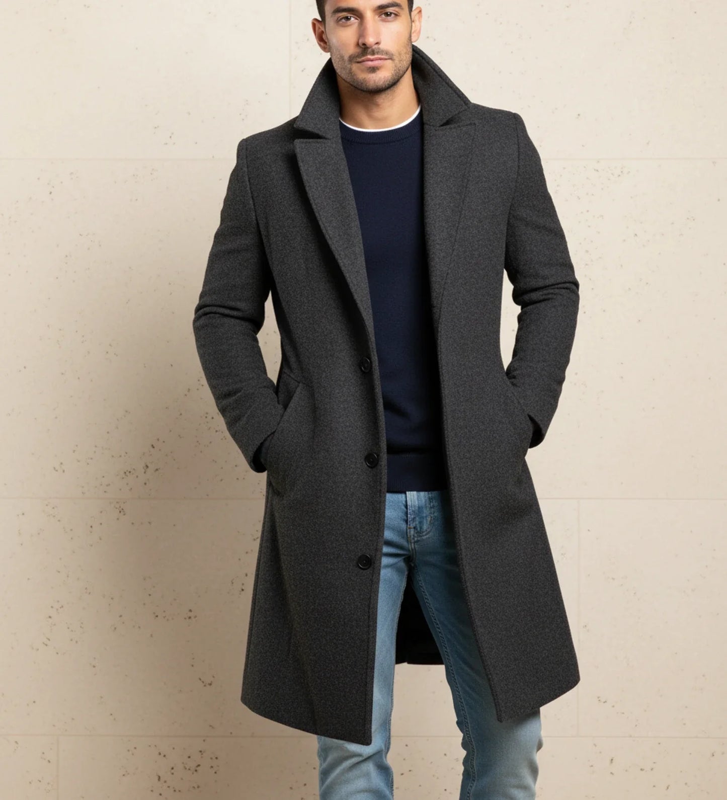 Men's charcoal long single-breasted overcoat with notch lapel and classic fit button front closure
