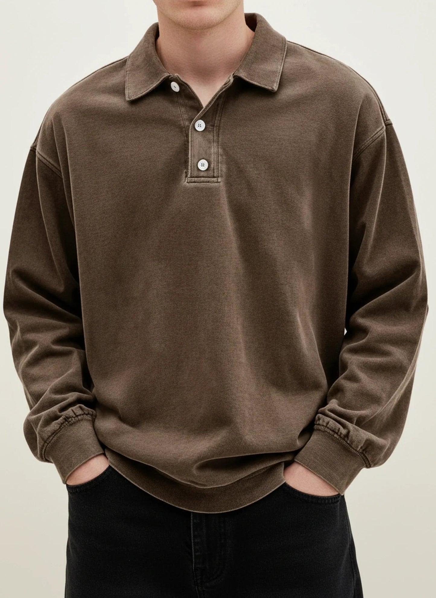 Men's blue vintage long sleeve polo shirt relaxed fit with classic collar button placket