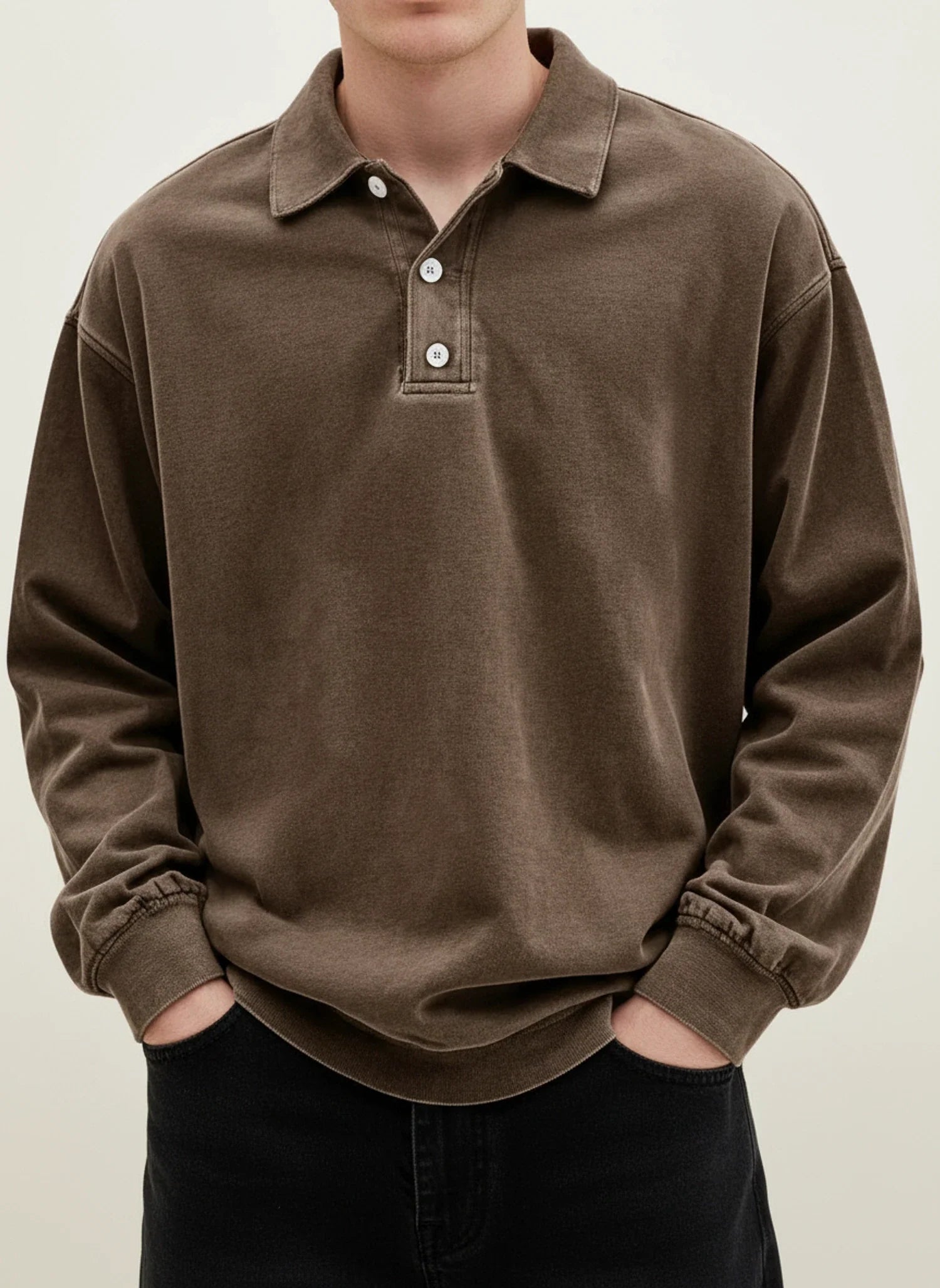 Men's blue vintage long sleeve polo shirt relaxed fit with classic collar button placket