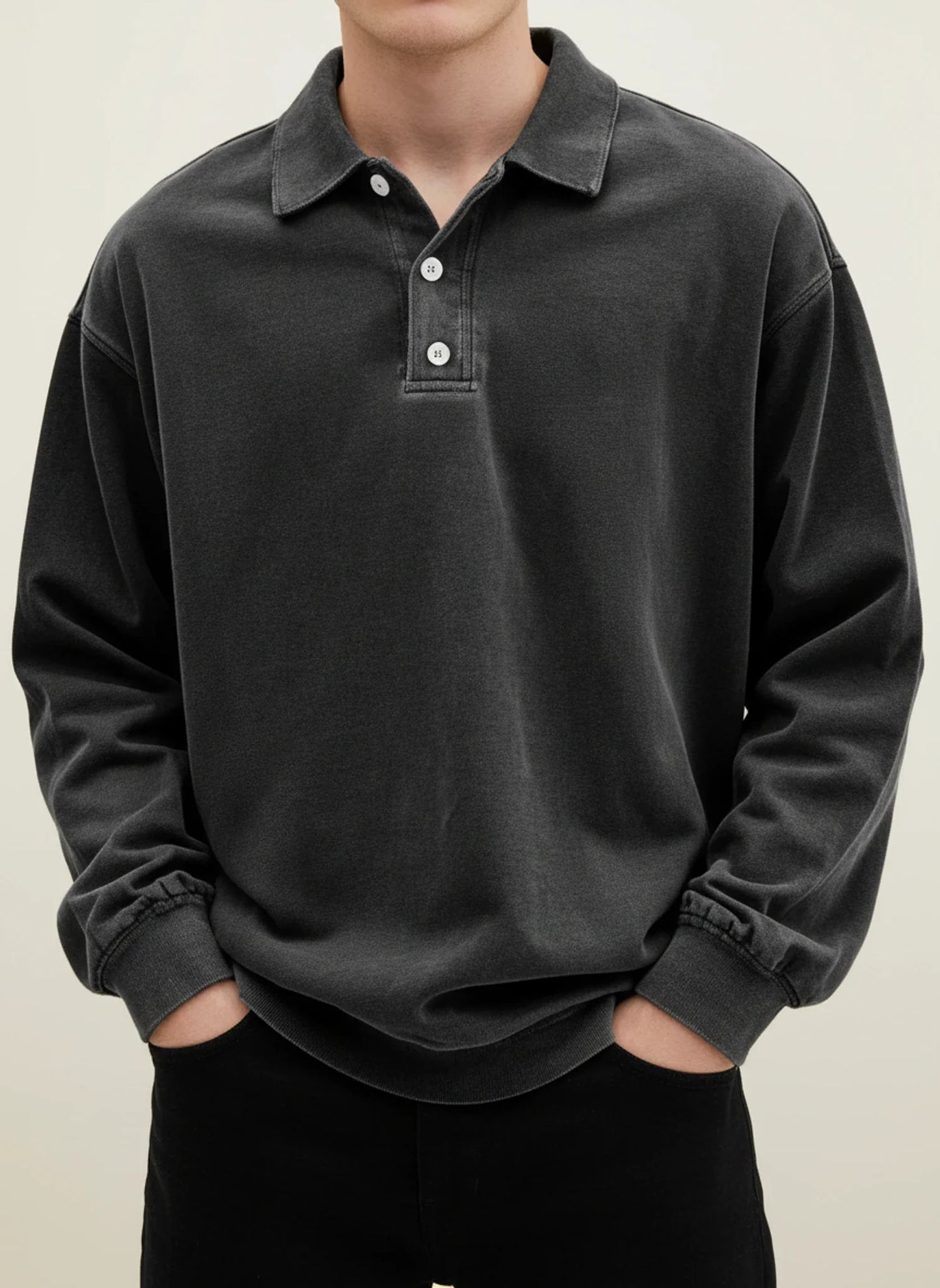 Men's blue vintage long sleeve polo shirt relaxed fit with classic collar button placket