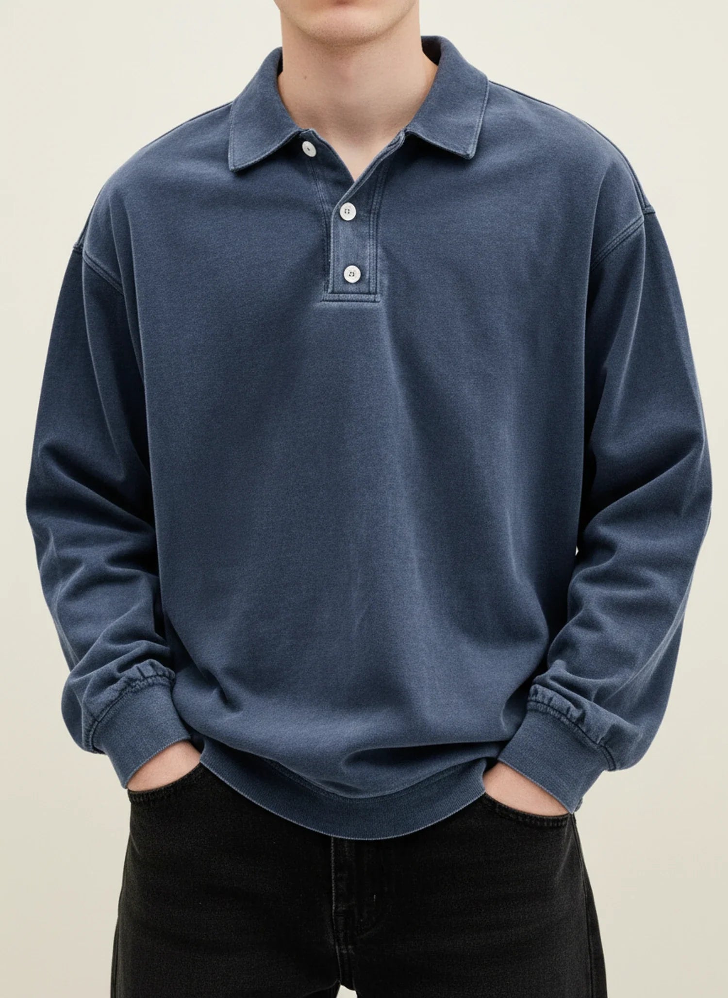 Men's blue vintage long sleeve polo shirt relaxed fit with classic collar button placket