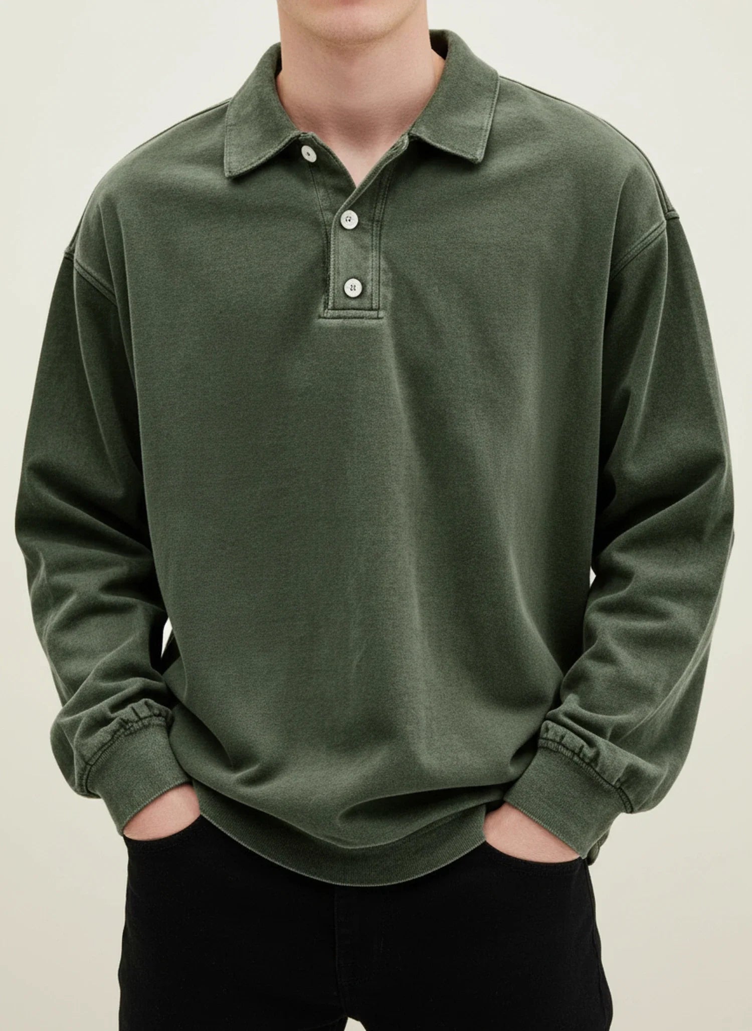 Men's blue vintage long sleeve polo shirt relaxed fit with classic collar button placket