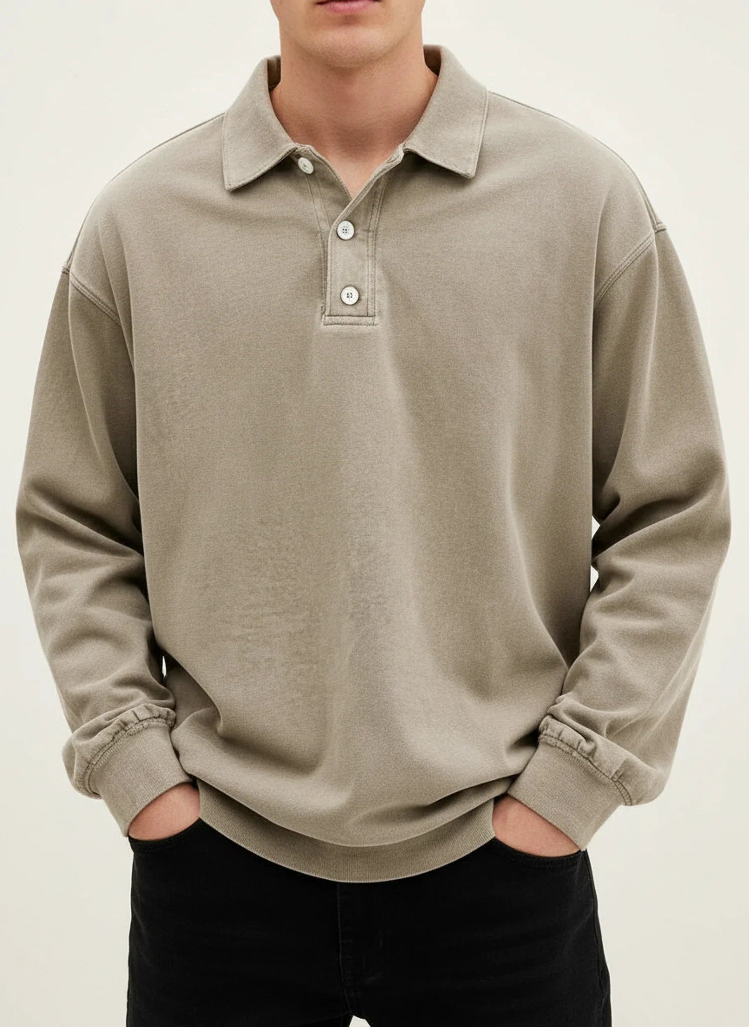 Men's blue vintage long sleeve polo shirt relaxed fit with classic collar button placket