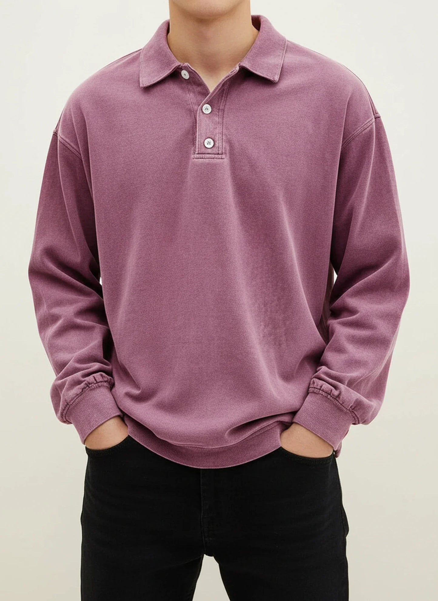 Men's blue vintage long sleeve polo shirt relaxed fit with classic collar button placket