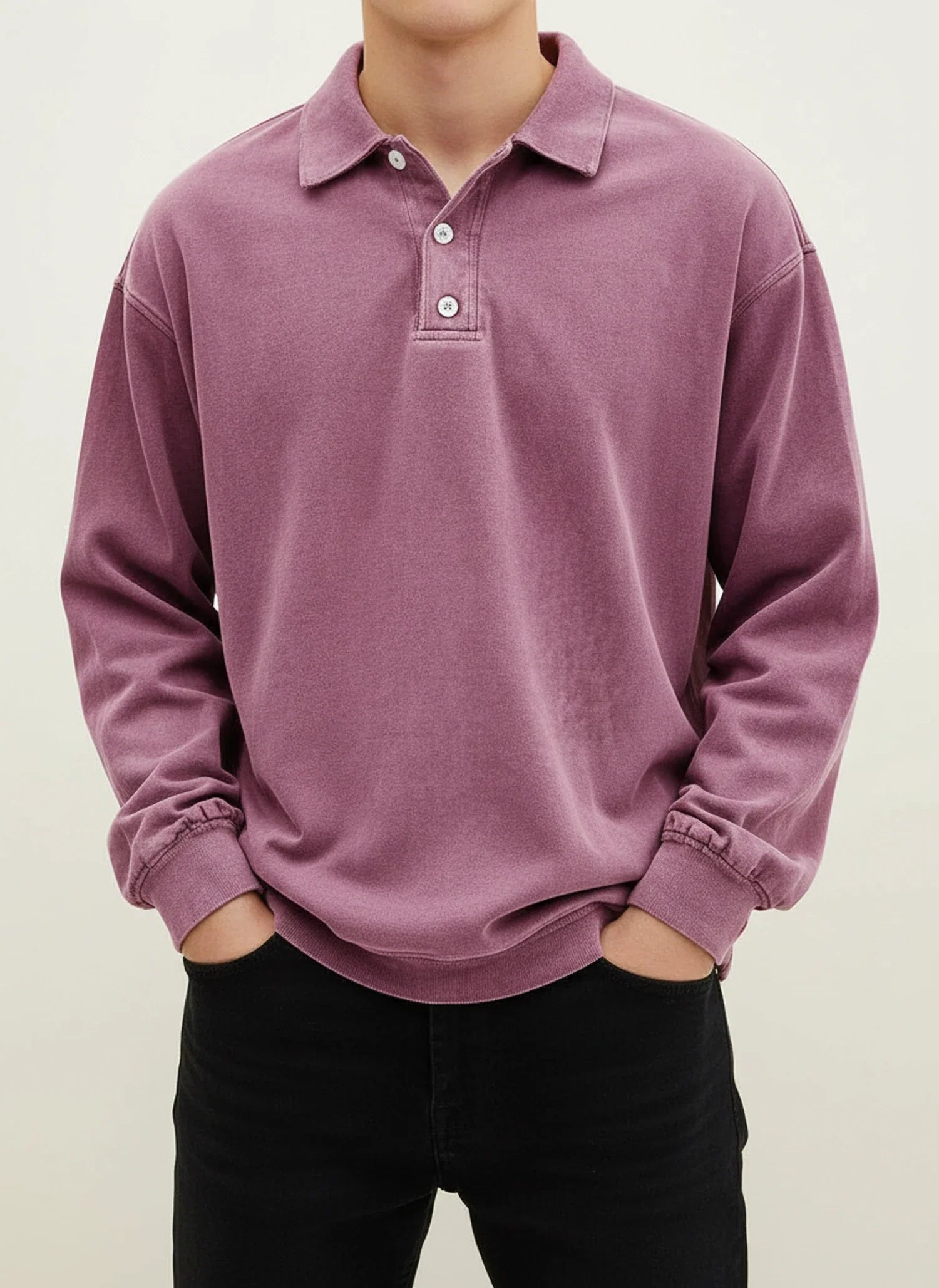 Men's blue vintage long sleeve polo shirt relaxed fit with classic collar button placket