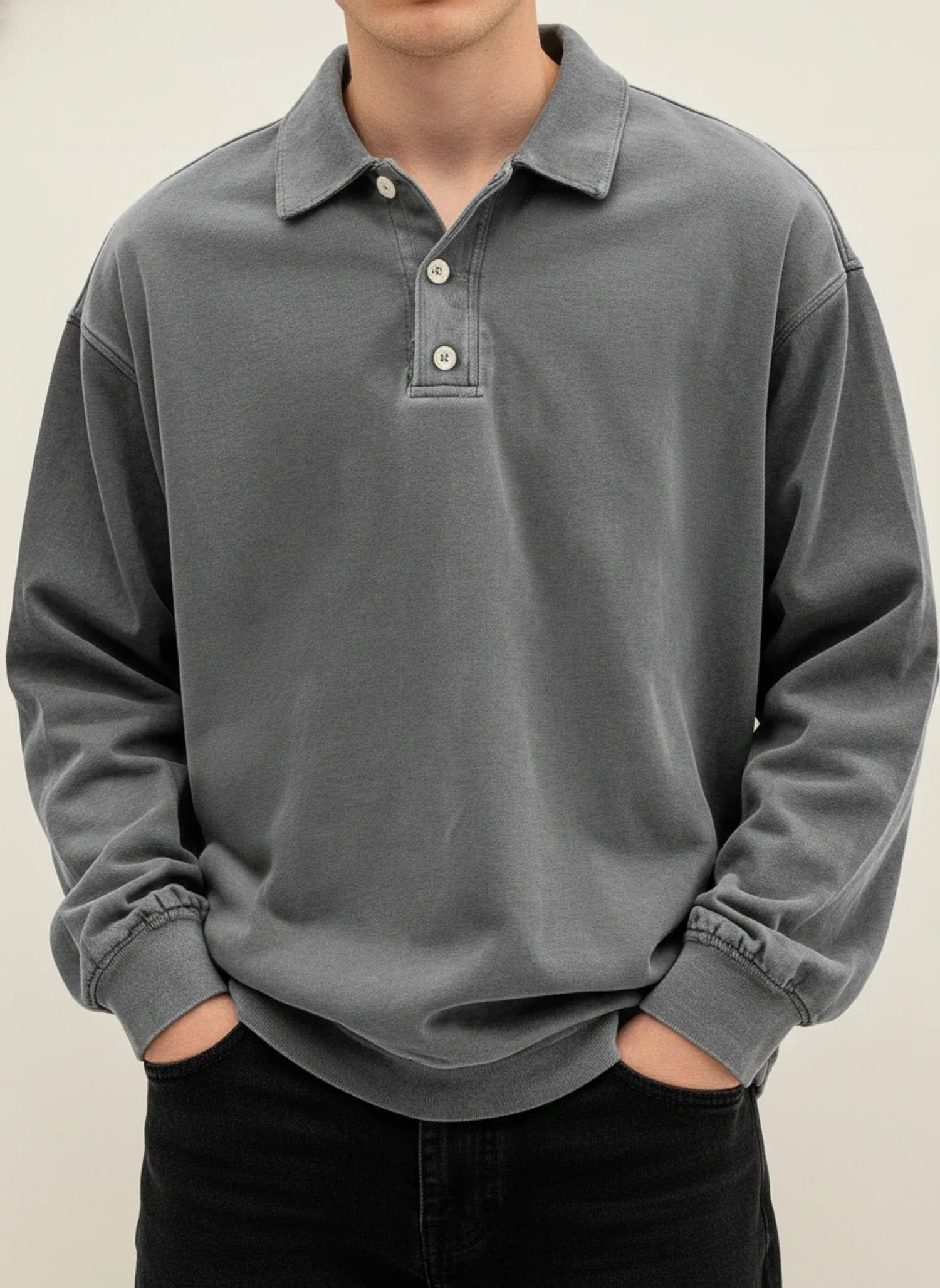 Men's blue vintage long sleeve polo shirt relaxed fit with classic collar button placket