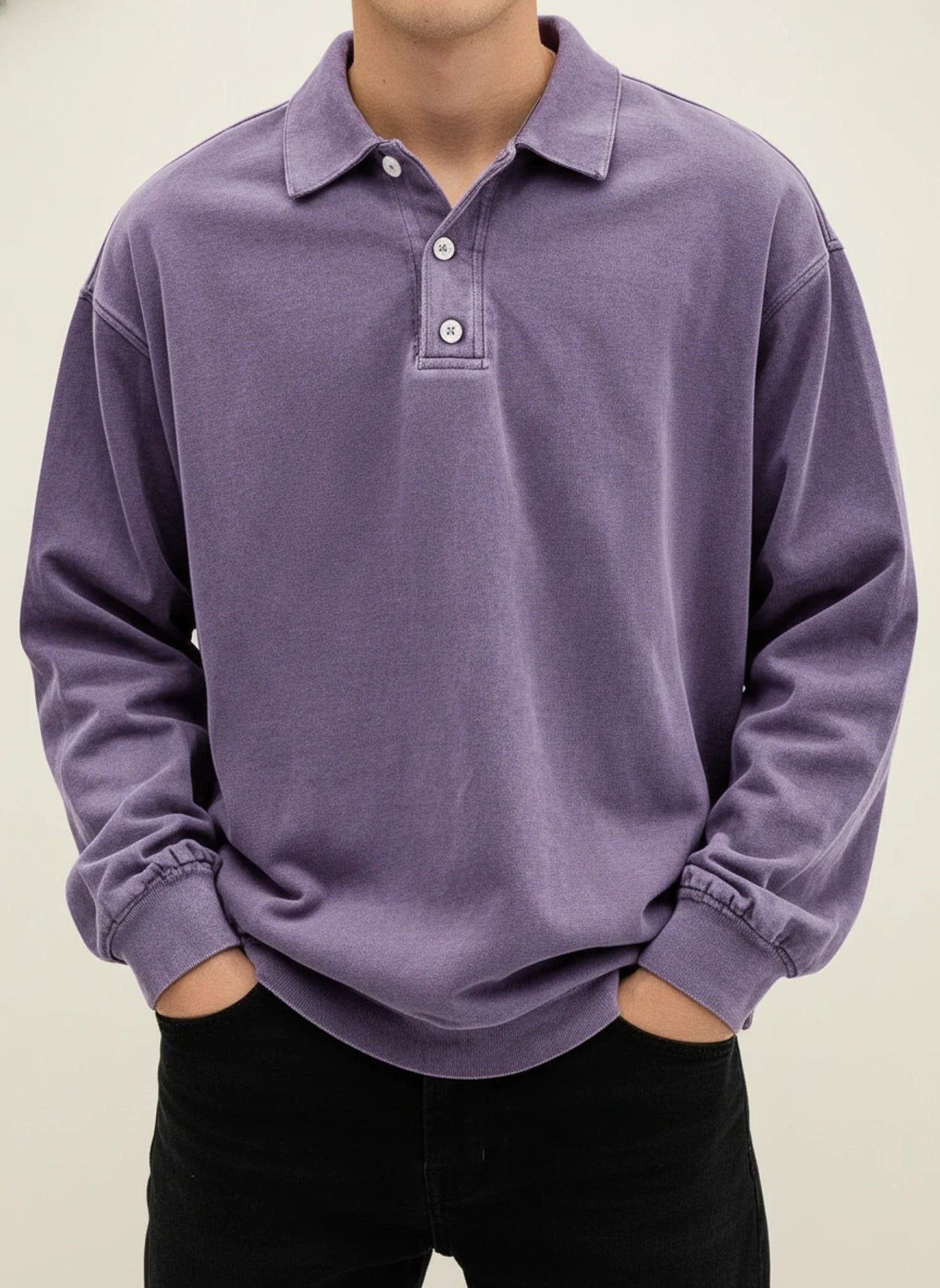 Men's blue vintage long sleeve polo shirt relaxed fit with classic collar button placket