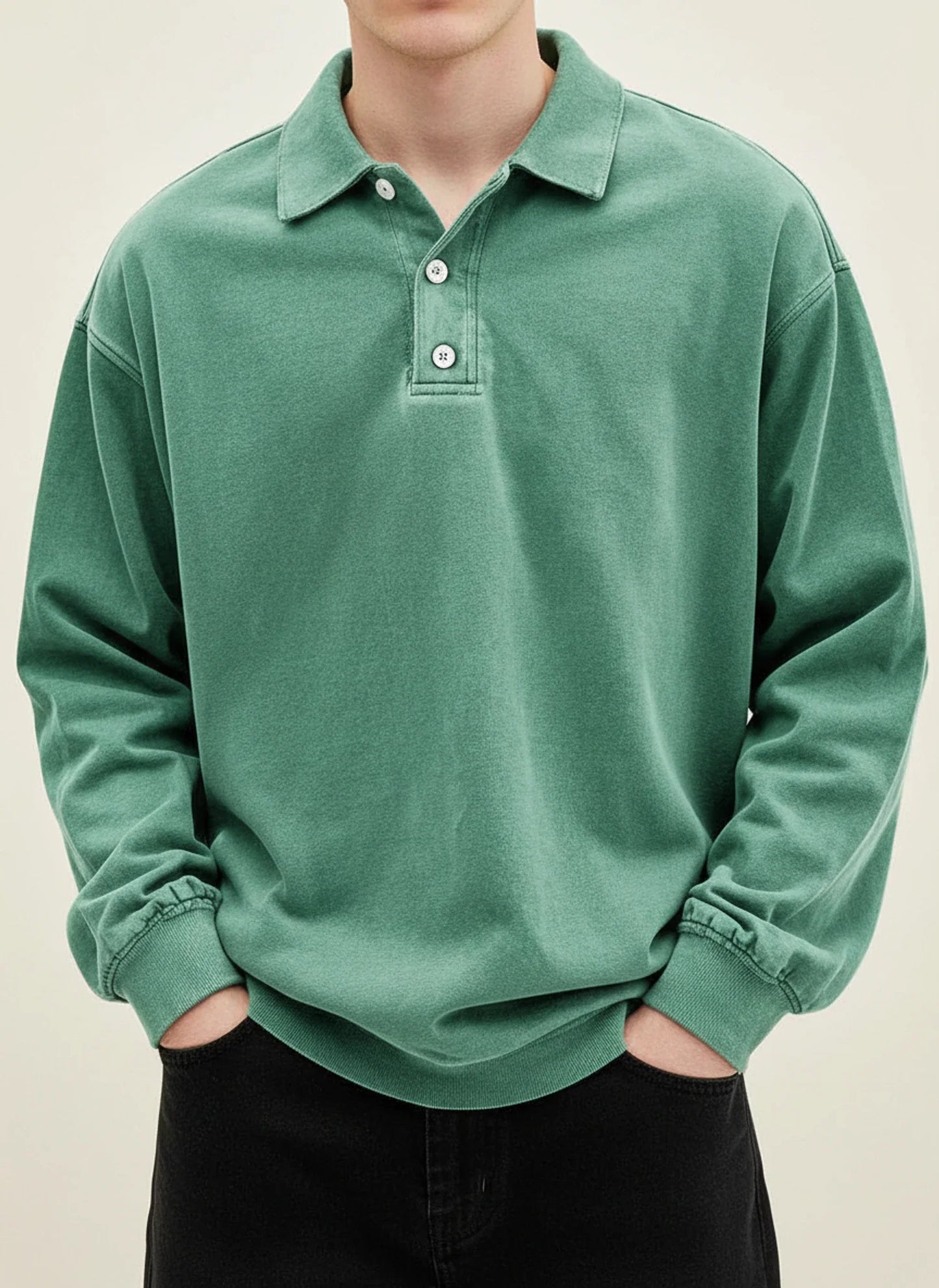 Men's blue vintage long sleeve polo shirt relaxed fit with classic collar button placket