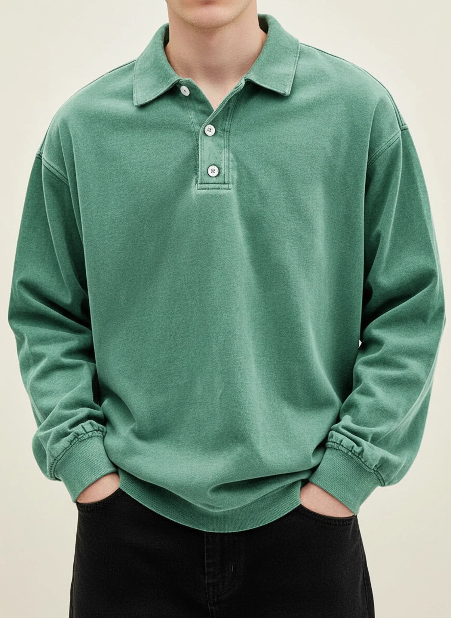 Men's blue vintage long sleeve polo shirt relaxed fit with classic collar button placket