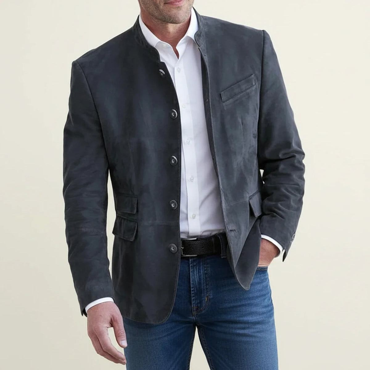 Men's navy mandarin collar blazer smart casual slim fit with sleek stand-up neckline