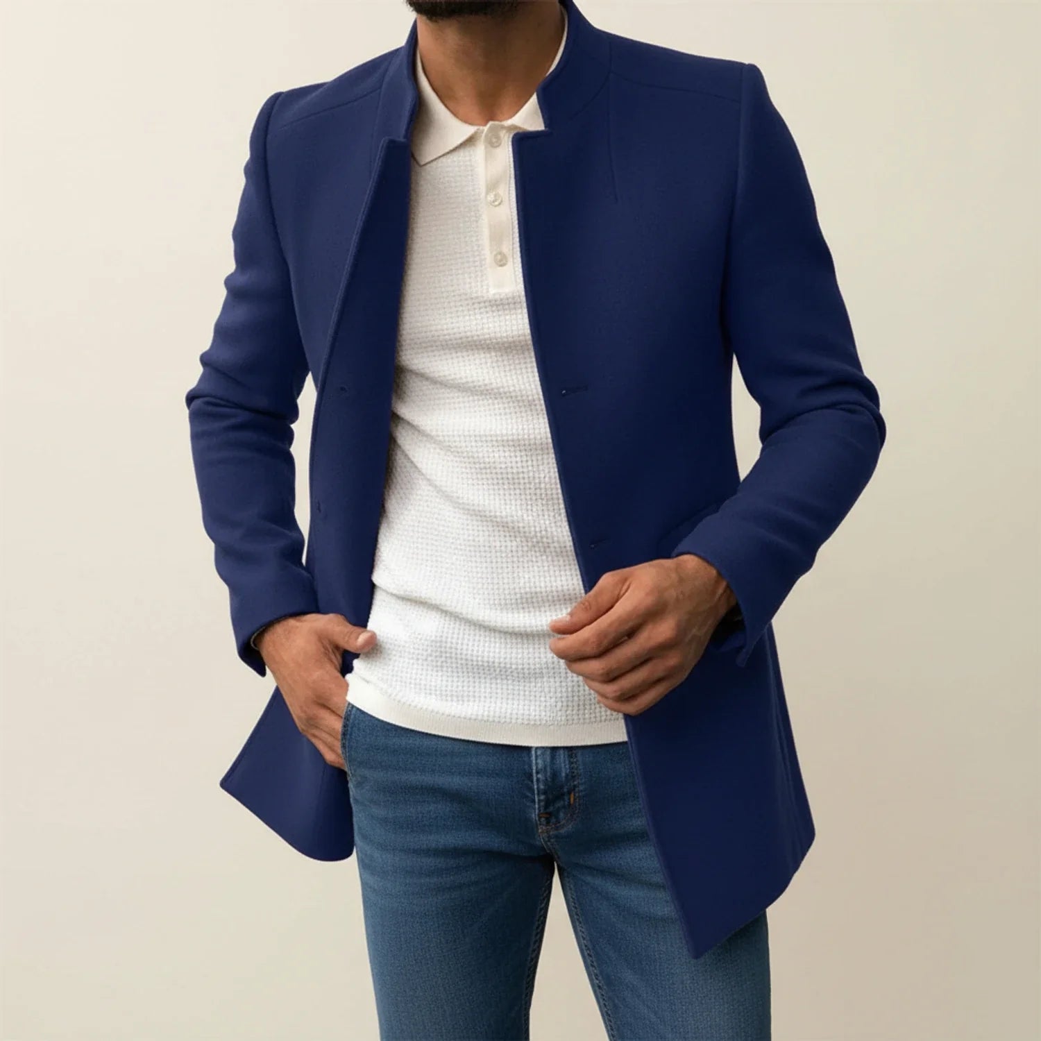 Tan slim fit mid-length men's overcoat with distinctive mandarin collar for modern formal style