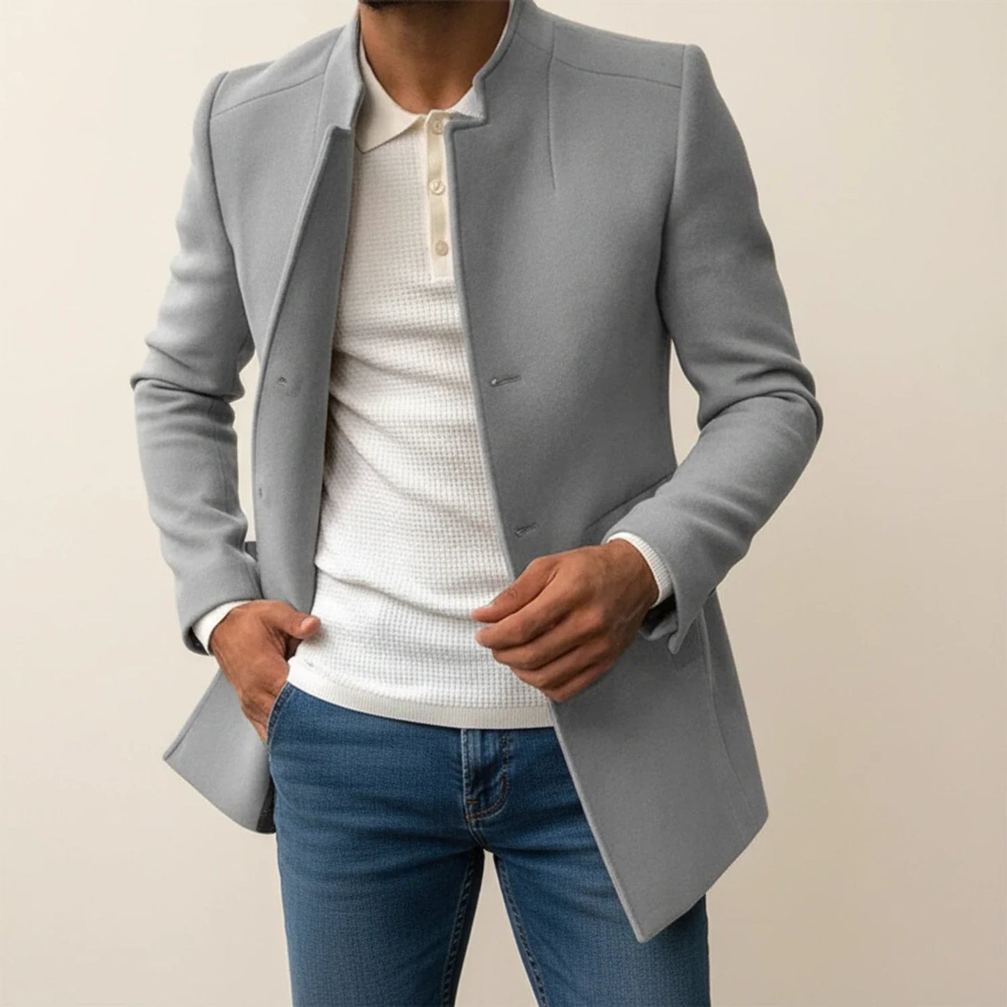 Tan slim fit mid-length men's overcoat with distinctive mandarin collar for modern formal style