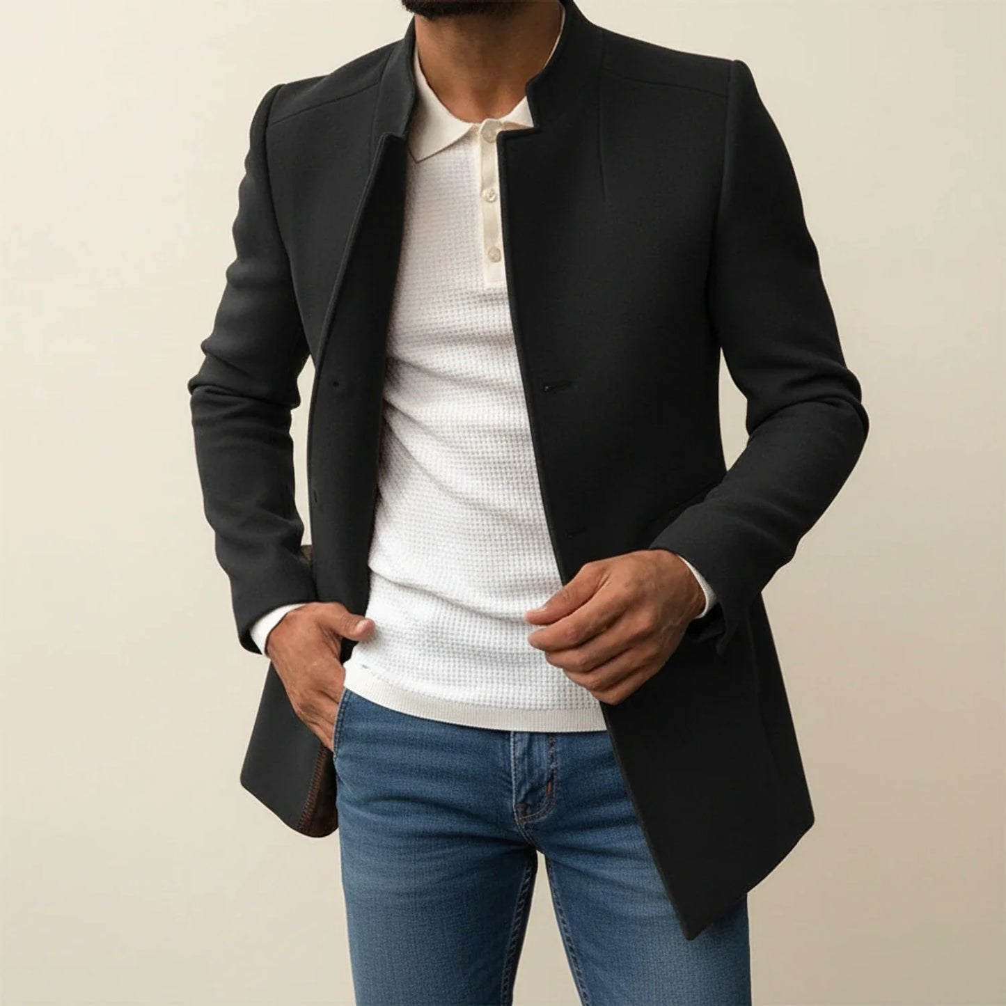 Tan slim fit mid-length men's overcoat with mandarin collar for modern formal style