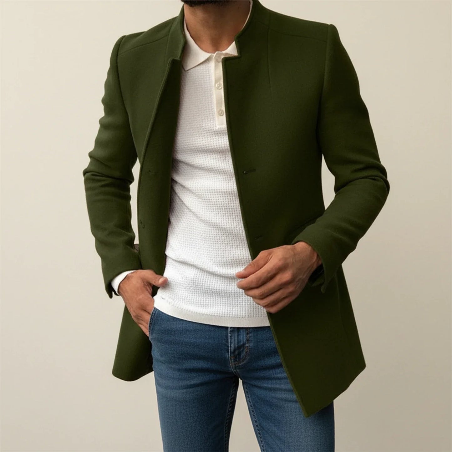 Tan slim fit mid-length men's overcoat with distinctive mandarin collar for modern formal style