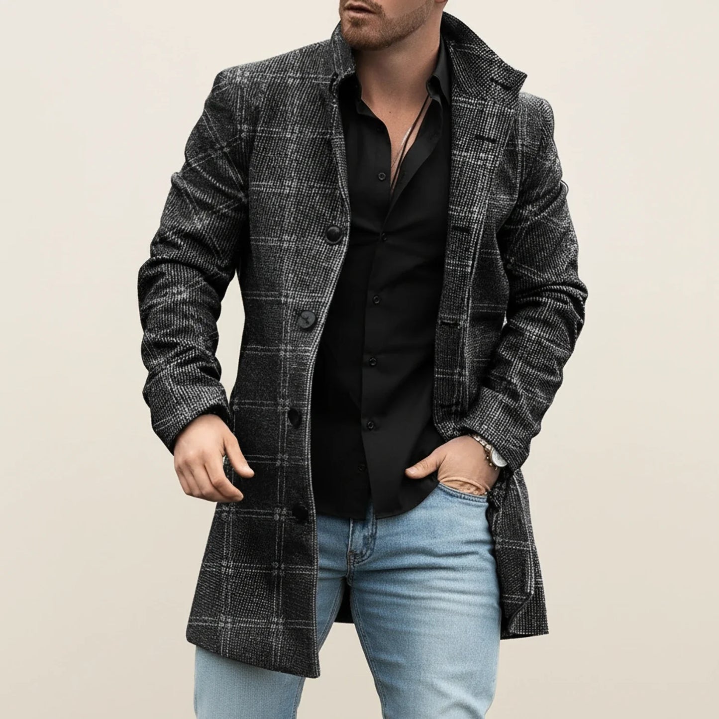 Men's gray midlength notched lapel overcoat with button front closure, versatile refined outerwear