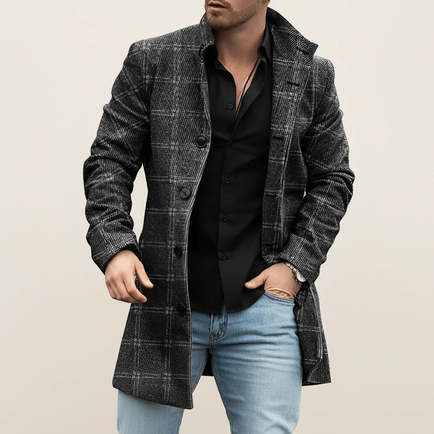 Men's gray midlength notched lapel overcoat with button front closure, versatile refined outerwear