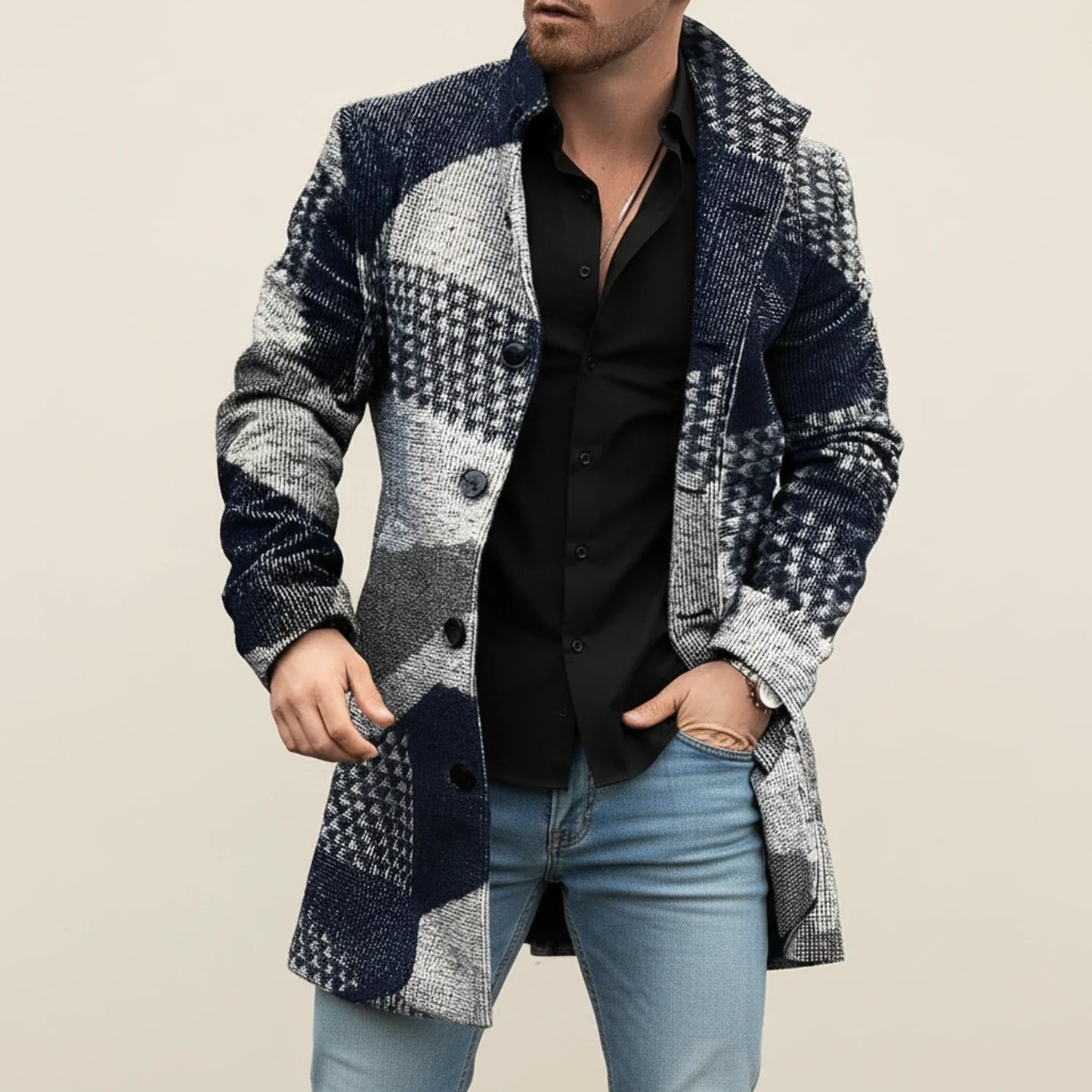 Men's gray midlength notched lapel overcoat with button front closure for versatile refined style
