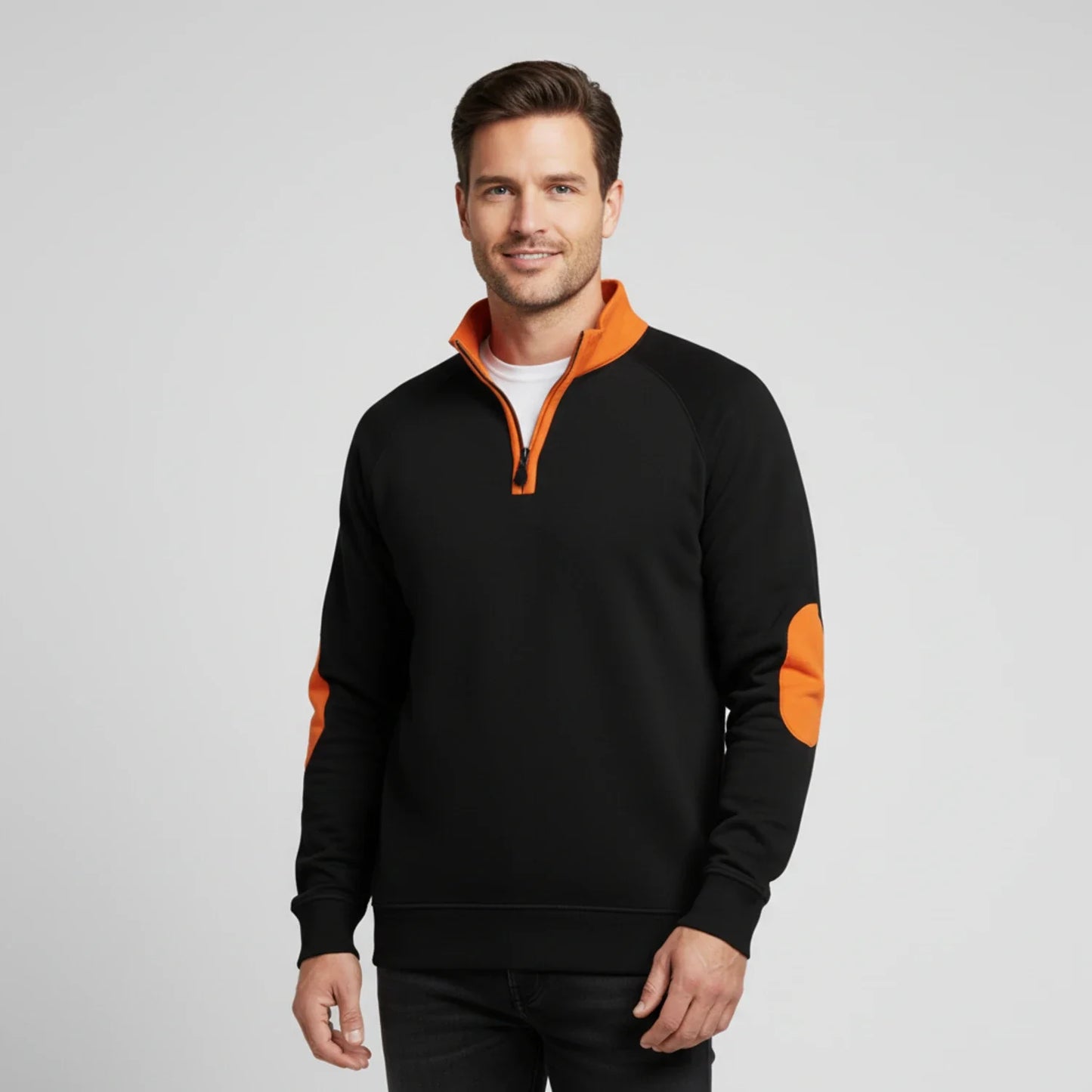 Men's navy quarter-zip raglan sweater with elbow patches and stand collar, smart-casual style