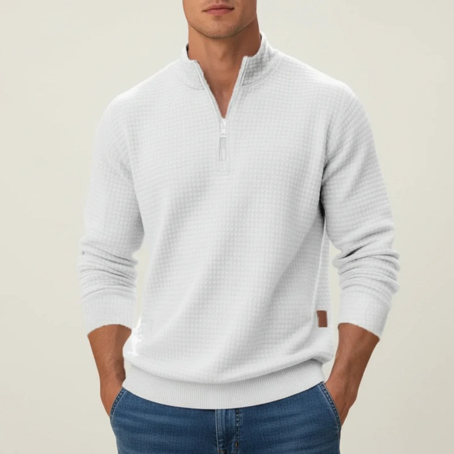Men's gray quarter-zip pullover sweater with textured knit finish and stand collar for layering
