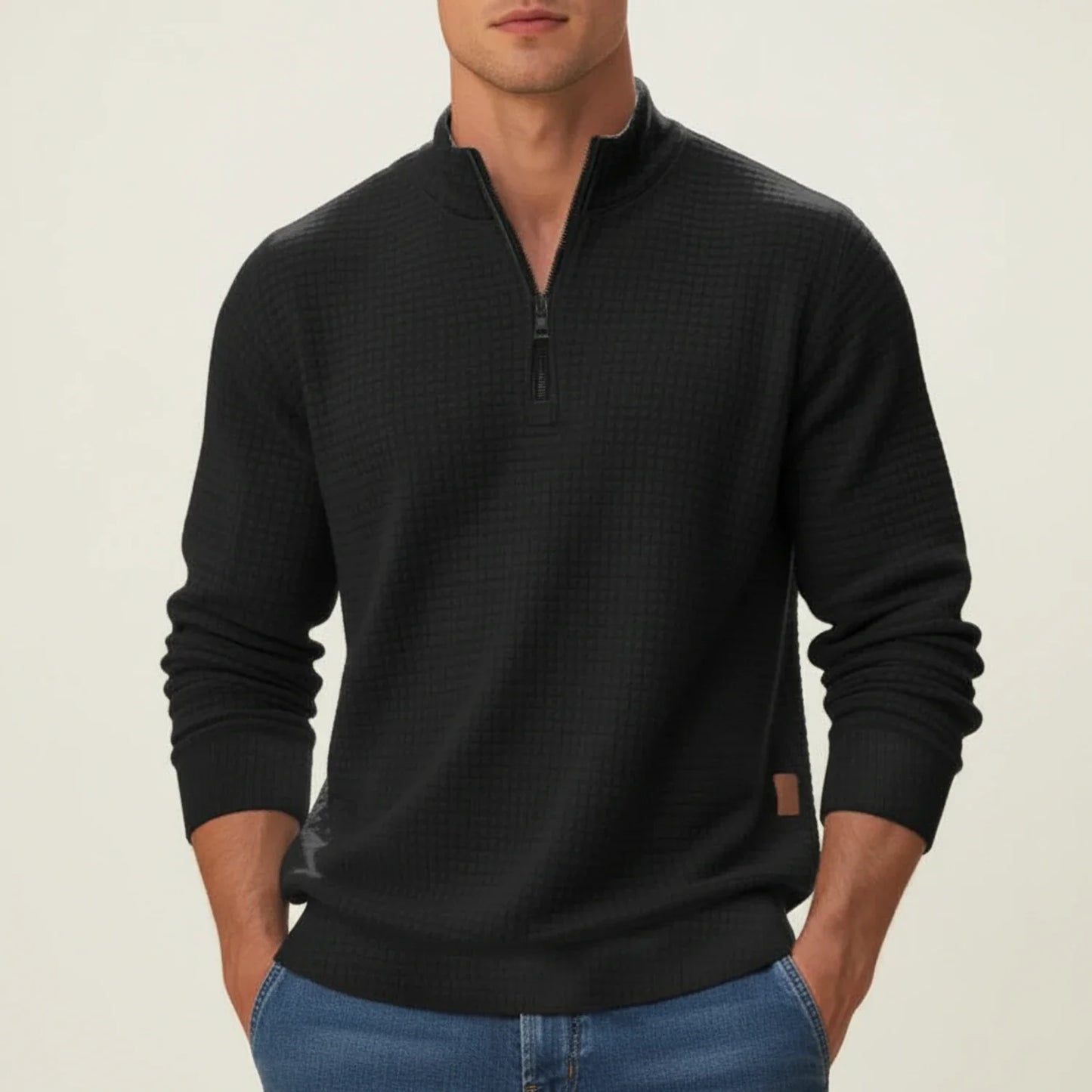 Men's gray quarter zip pullover sweater textured knit stand collar layering piece