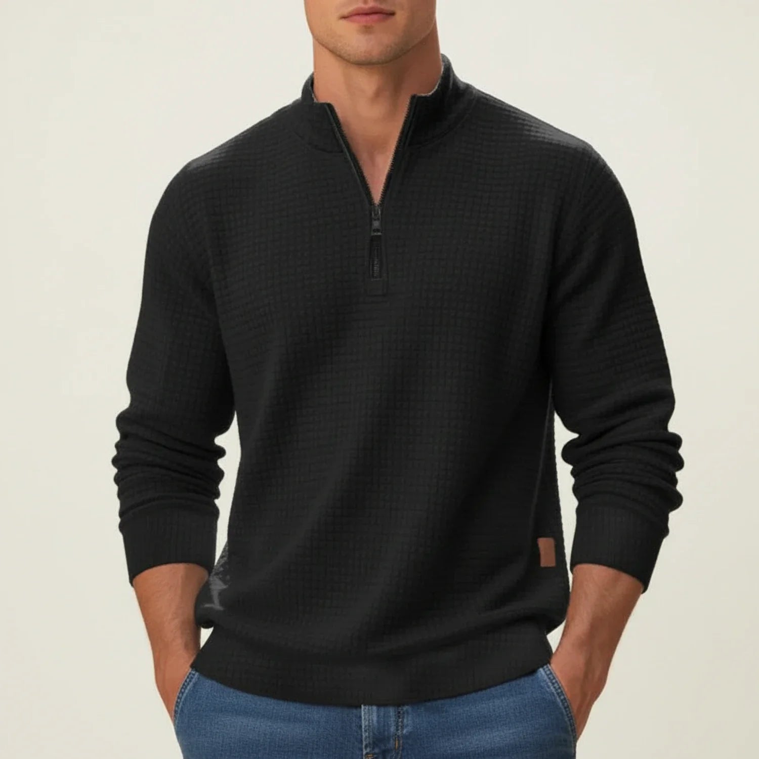 Men's gray quarter zip pullover sweater textured knit stand collar layering piece