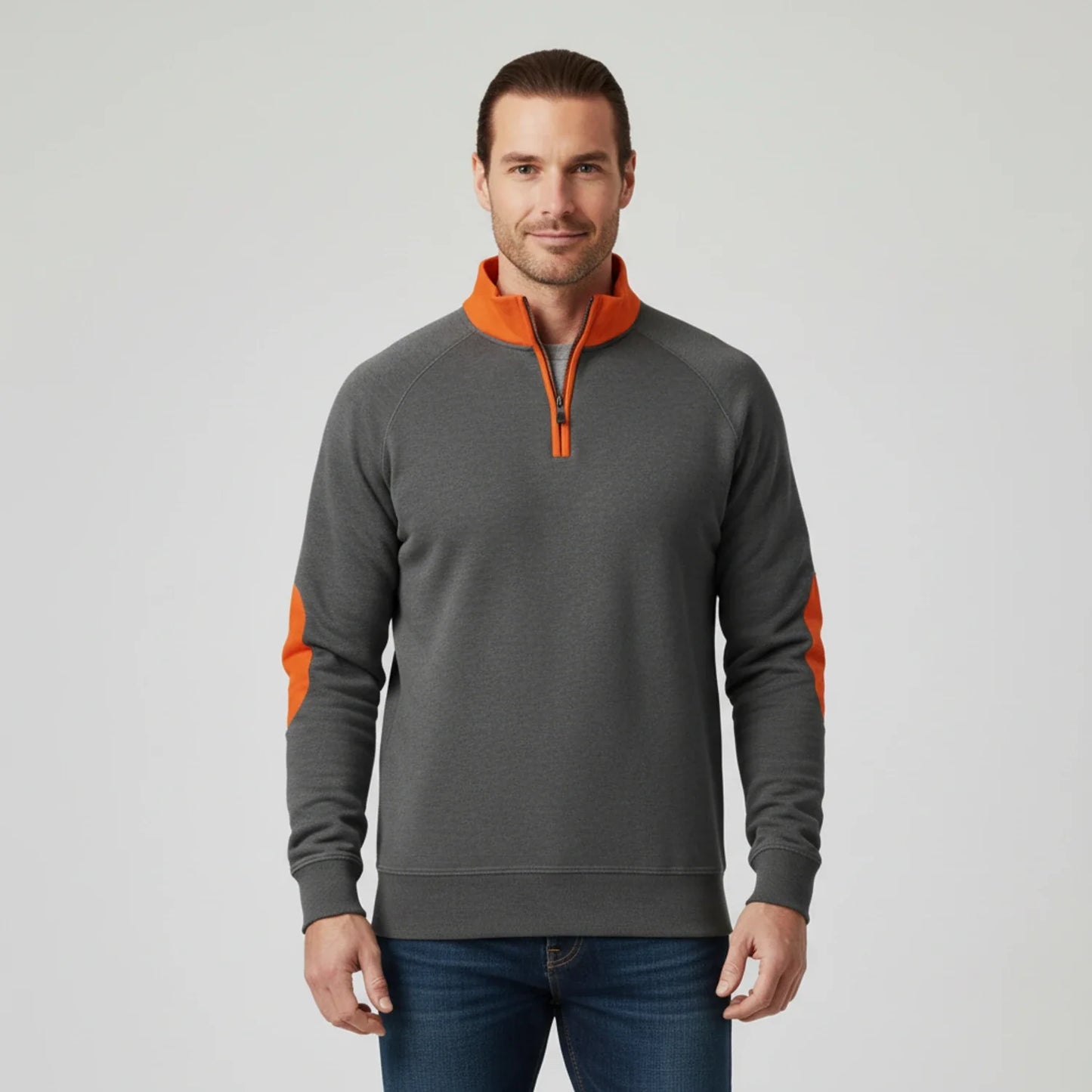 Men's quarter-zip raglan sleeve sweater with elbow patches and stand collar casual semi-formal