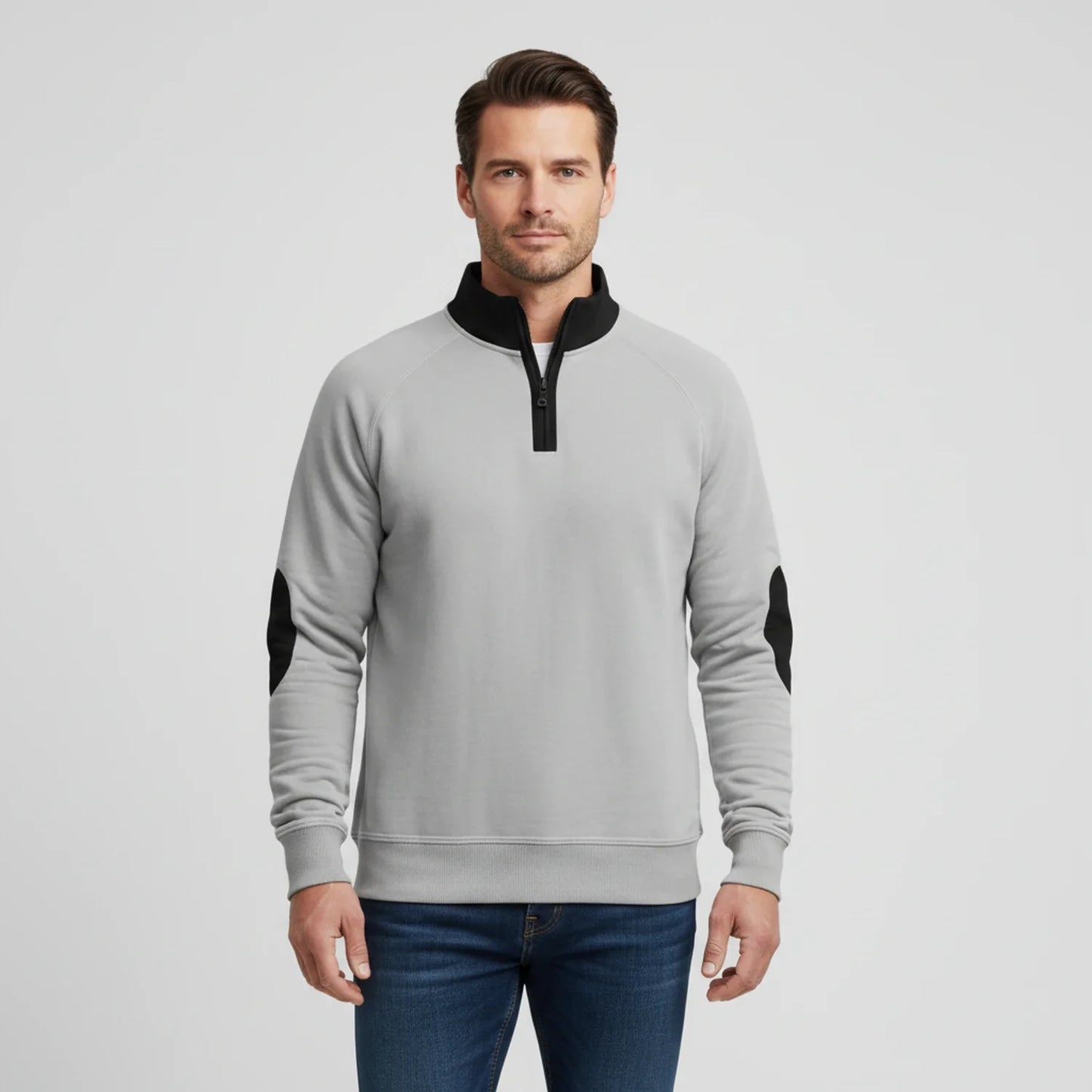 Men's quarter-zip raglan sleeve sweater with elbow patches and stand collar casual semi-formal