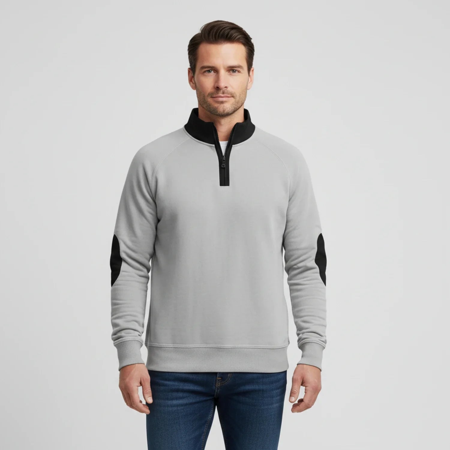 Men's quarter-zip raglan sleeve sweater with elbow patches and stand collar casual semi-formal