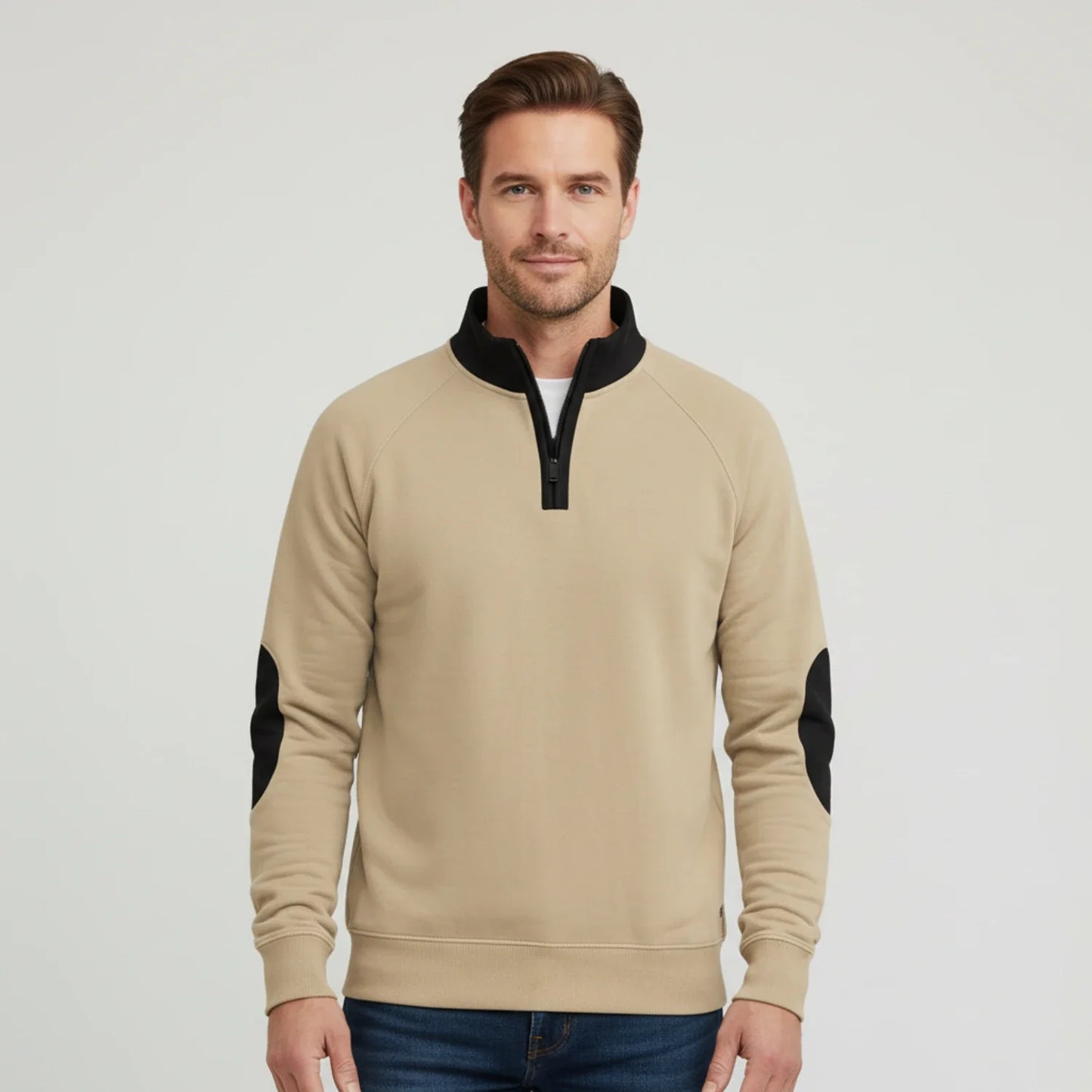 Men's quarter-zip raglan sleeve sweater with elbow patches and stand collar for casual wear
