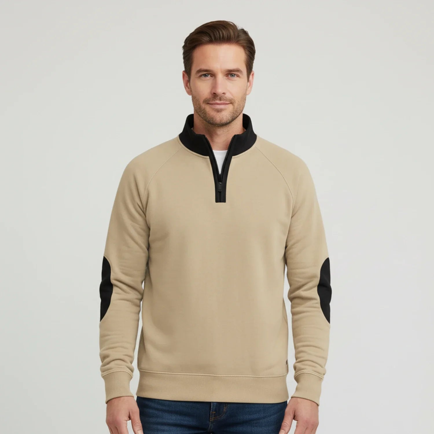 Men's quarter-zip raglan sleeve sweater with elbow patches and stand collar for casual wear