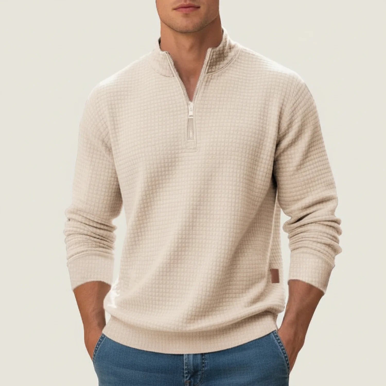 Men's gray quarter-zip pullover sweater textured knit stand collar layering piece