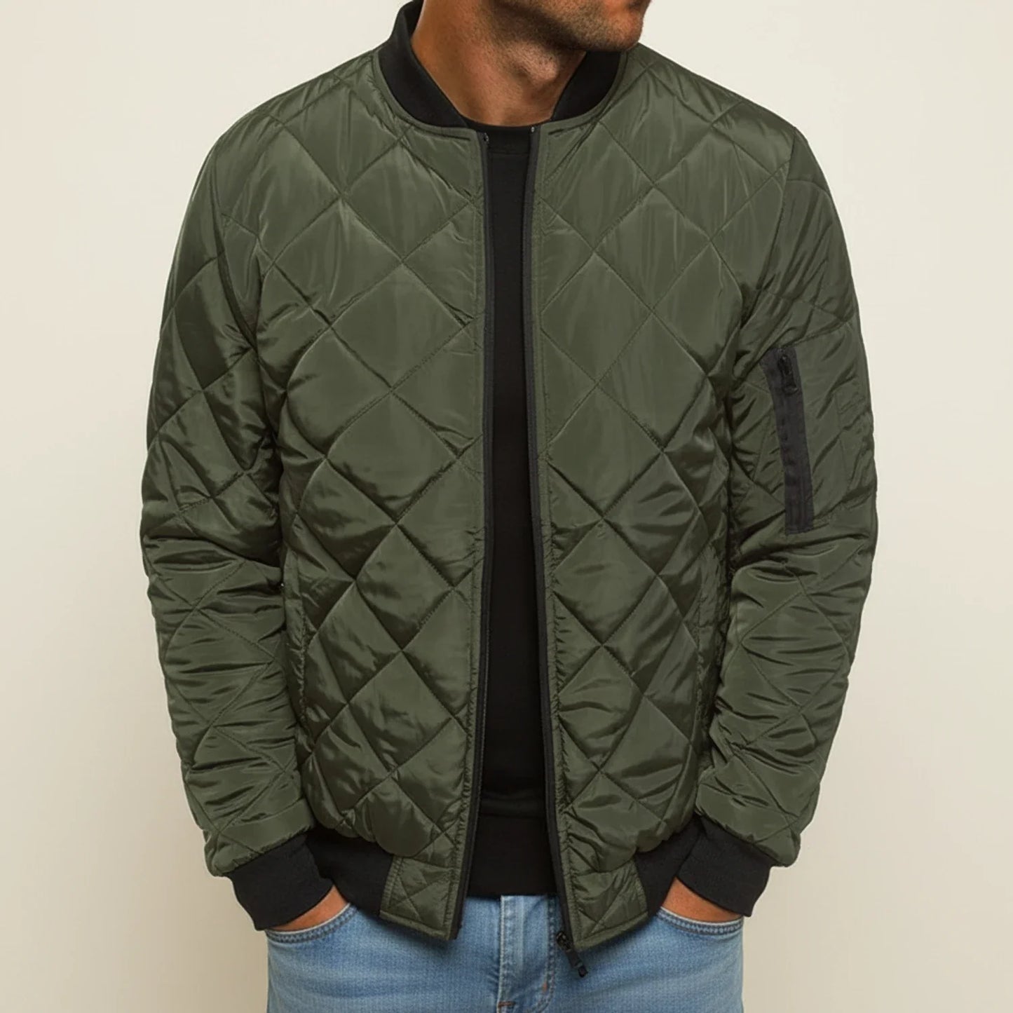 Men's Diamond Quilted Bomber Jacket With Ribbed Collar Cuffs Zip Closure For Everyday Wear Black