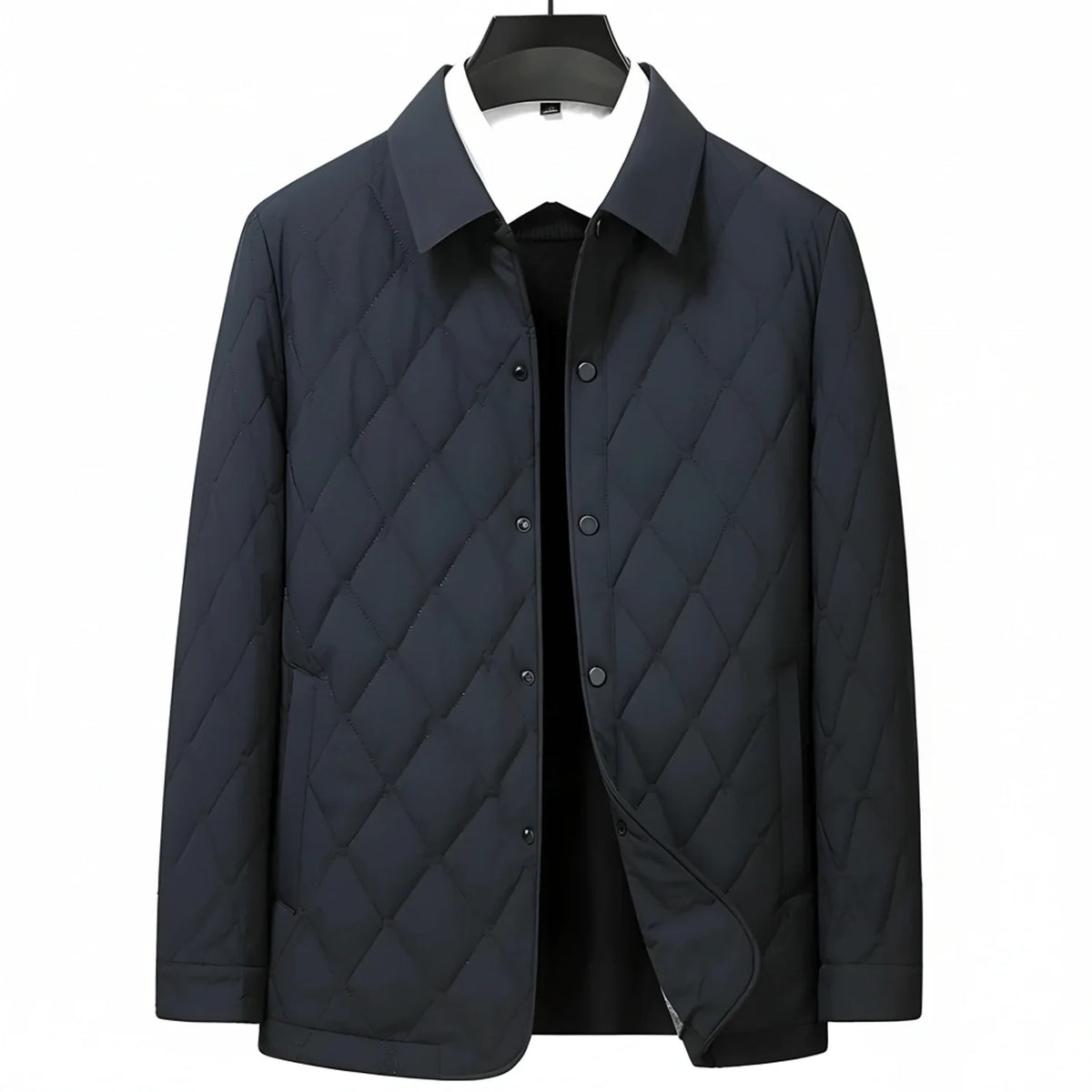 Men's black quilted diamond stitch jacket with front pockets and classic button-down collar