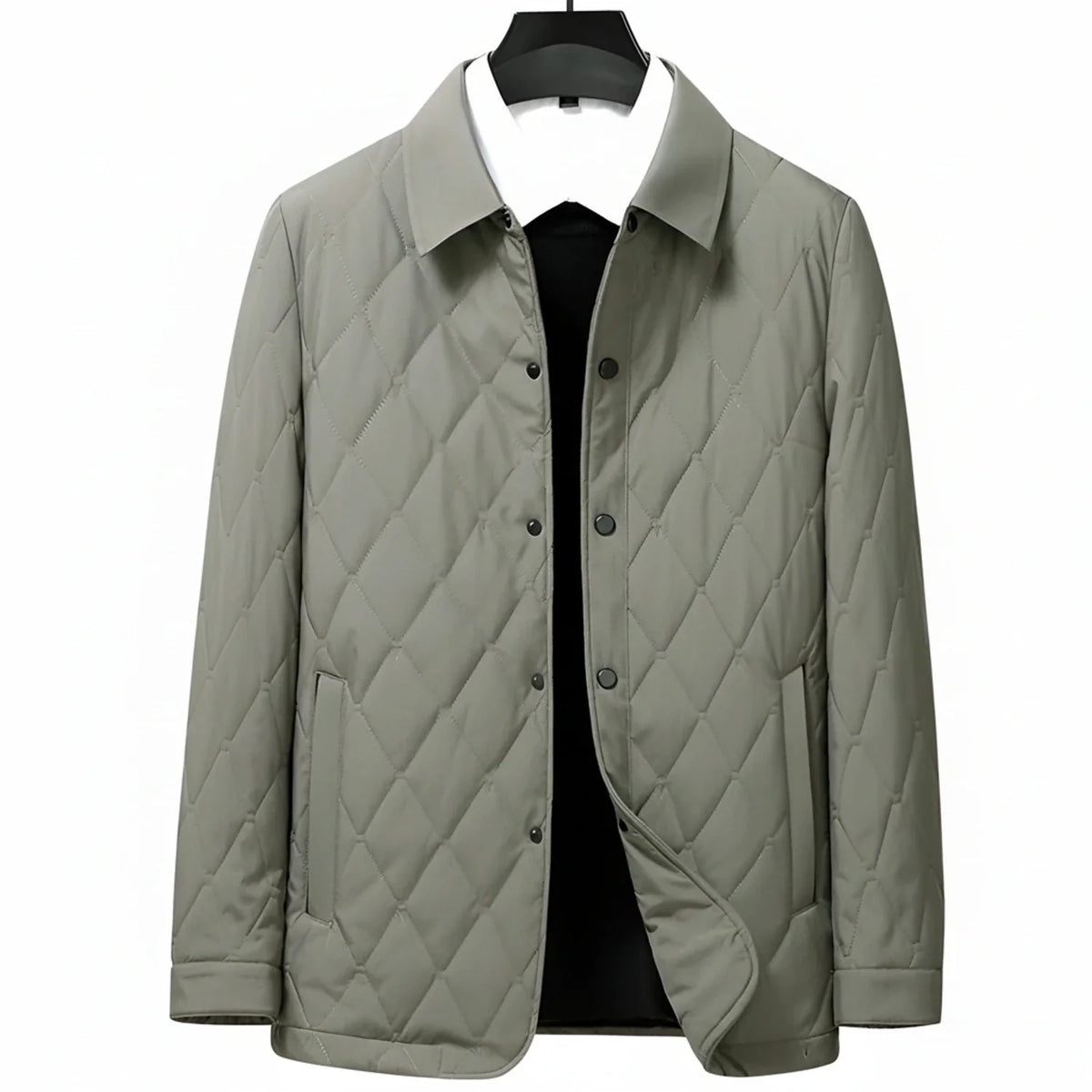 Men's navy quilted diamond stitch jacket with button-down front and smart collar
