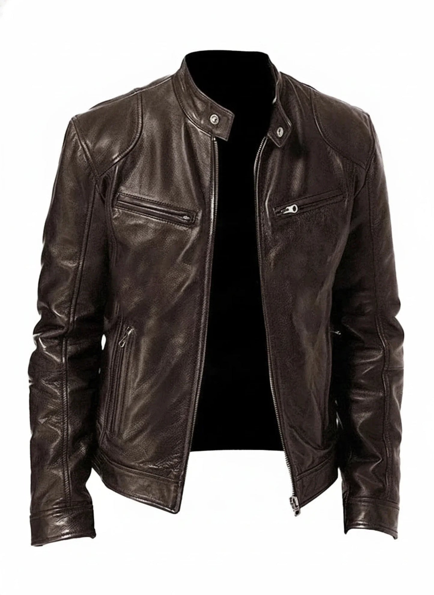 Men's black PU leather racer jacket slim fit zip front stand collar edgy modern style