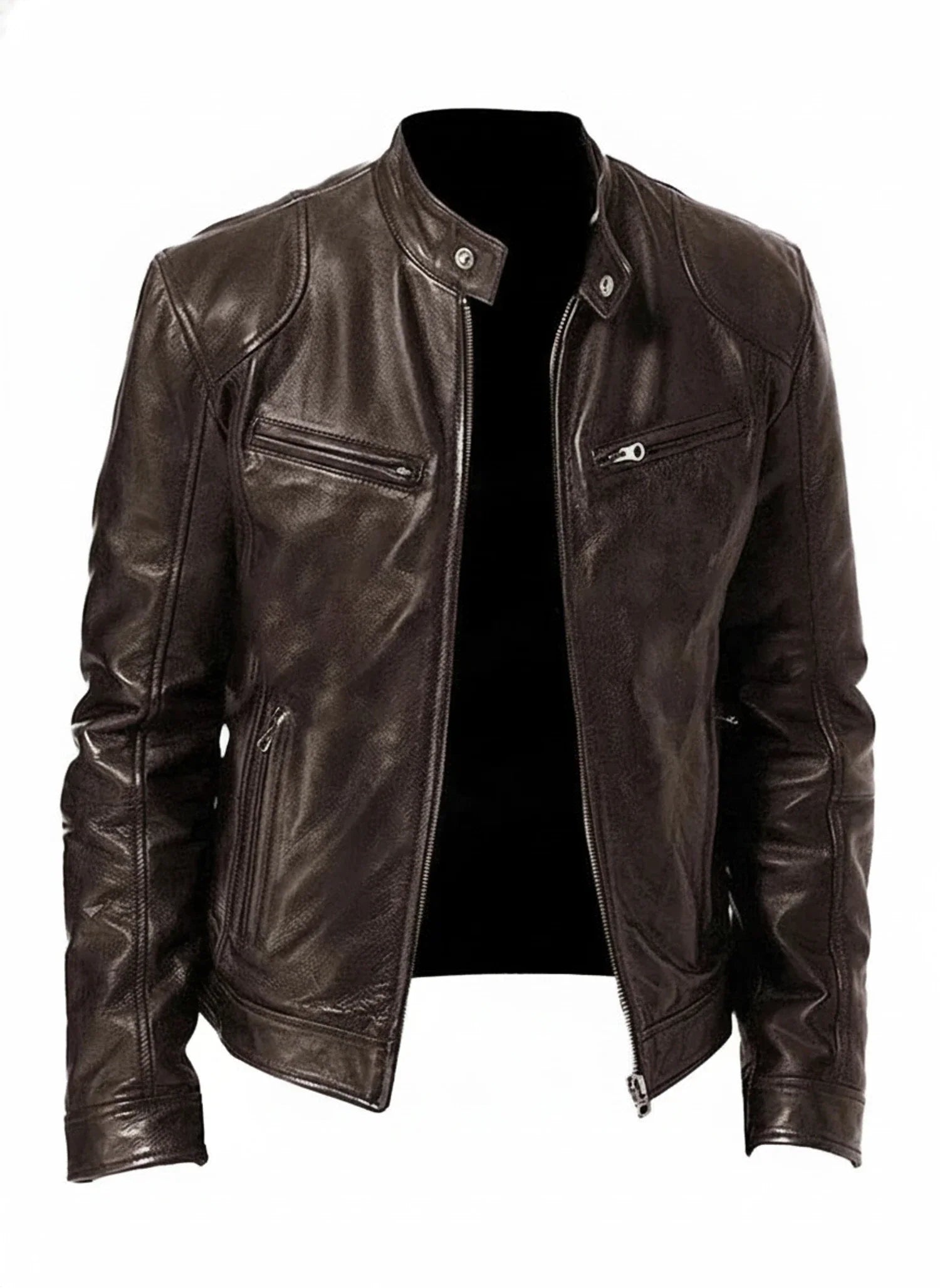 Men's black PU leather racer jacket slim fit zip front stand collar edgy modern style