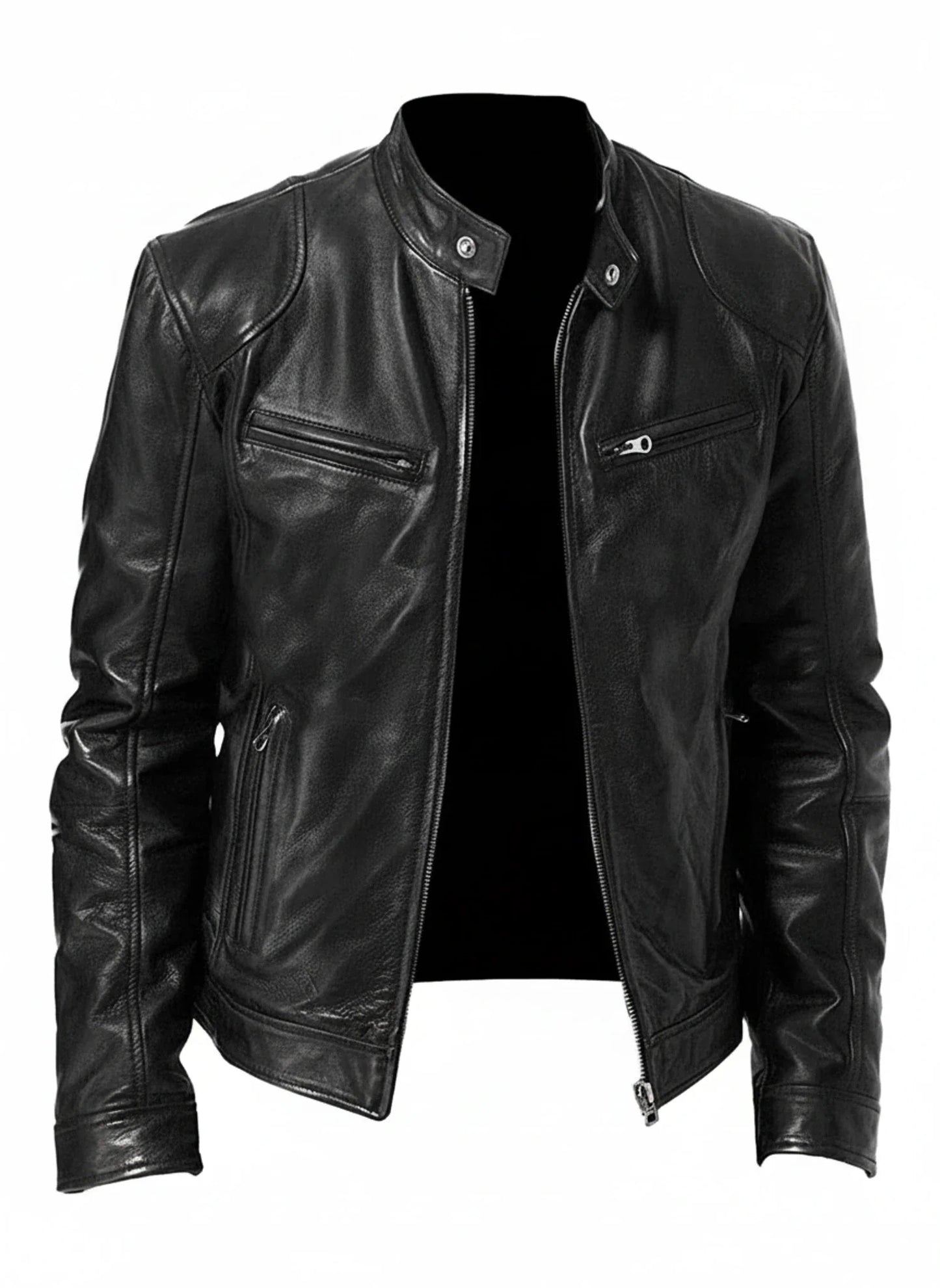 Men's black PU leather racer jacket slim fit zip front stand collar edgy modern style