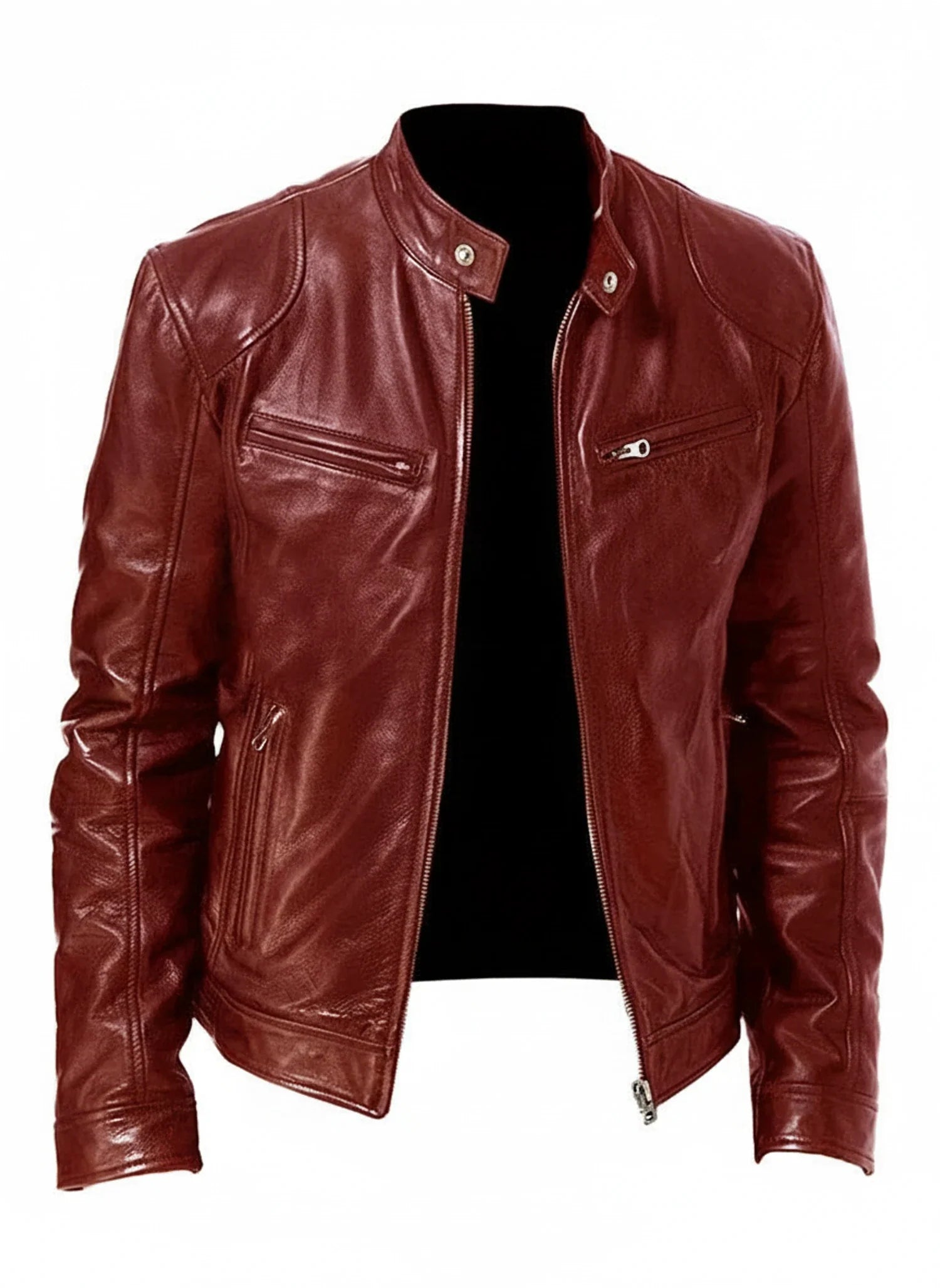 Men's black PU leather racer jacket slim fit with zip front stand collar edgy modern style