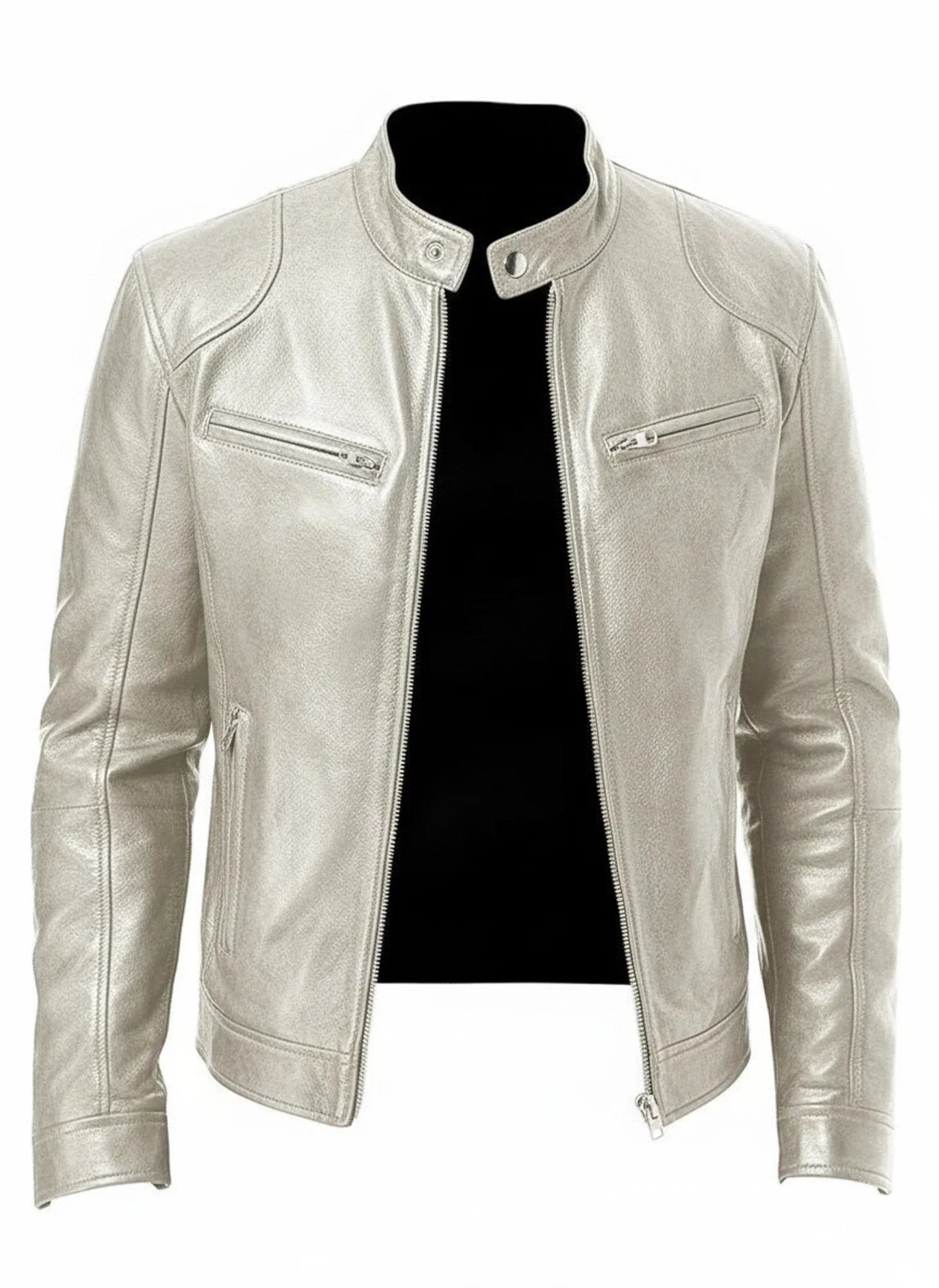 Men's black PU leather racer jacket slim fit with zip front and stand collar edgy modern style