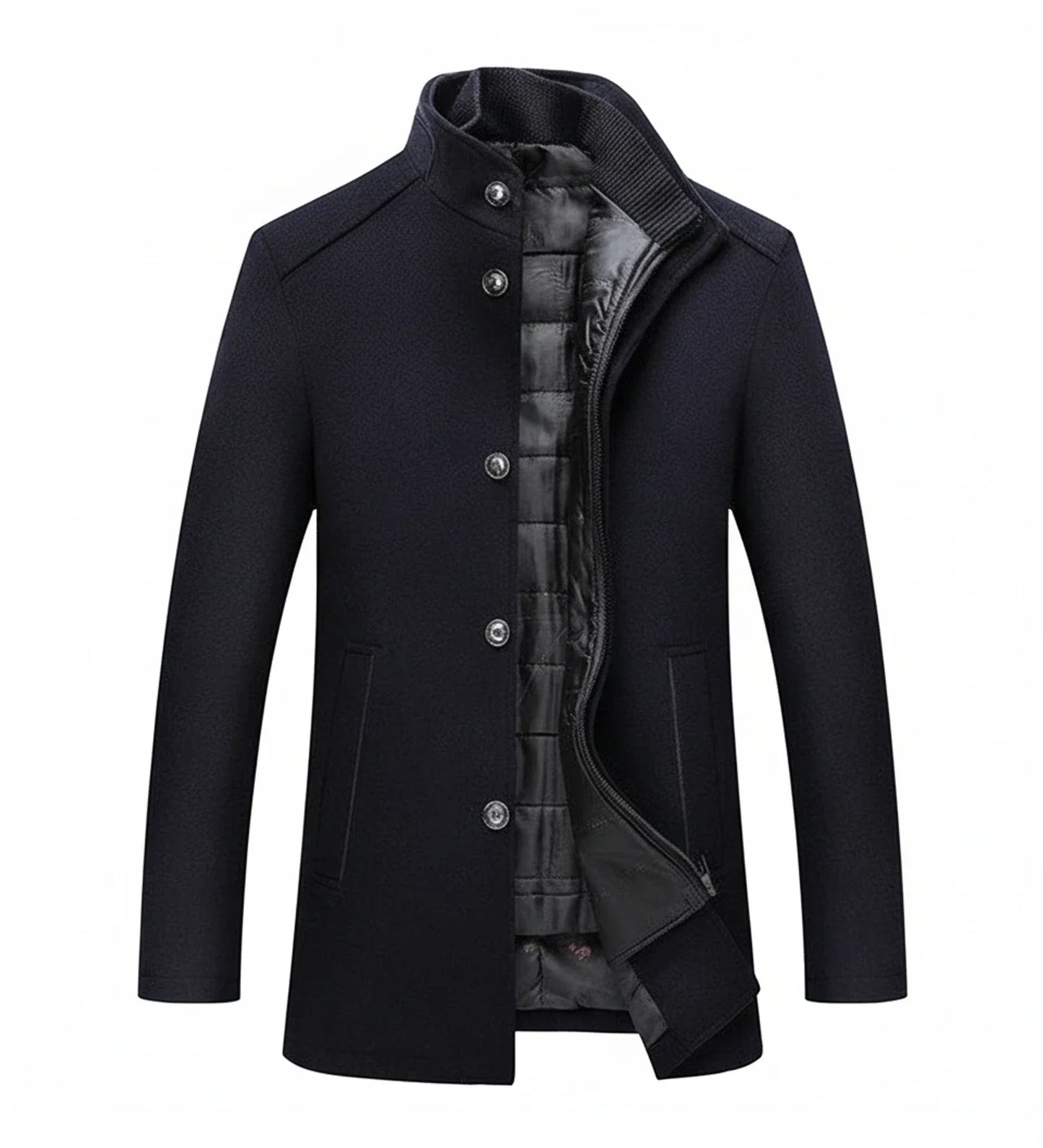 Men's mid-length wool overcoat, slim tailored fit, stand collar, quilted lining, modern polished style