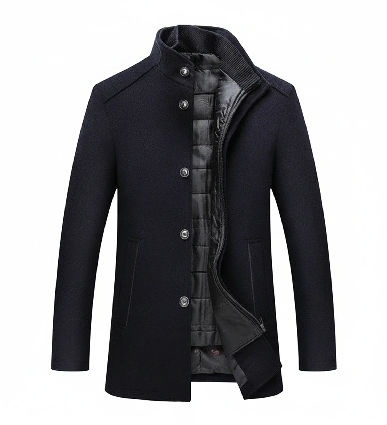 Men's mid-length wool overcoat, slim tailored fit, stand collar, quilted lining, modern polished style