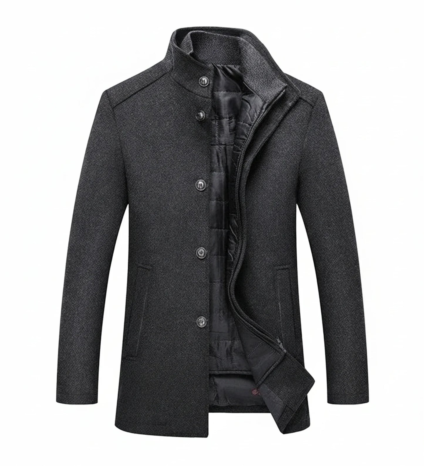 Men's mid-length wool overcoat slim fit stand collar quilted lining contemporary tailored style