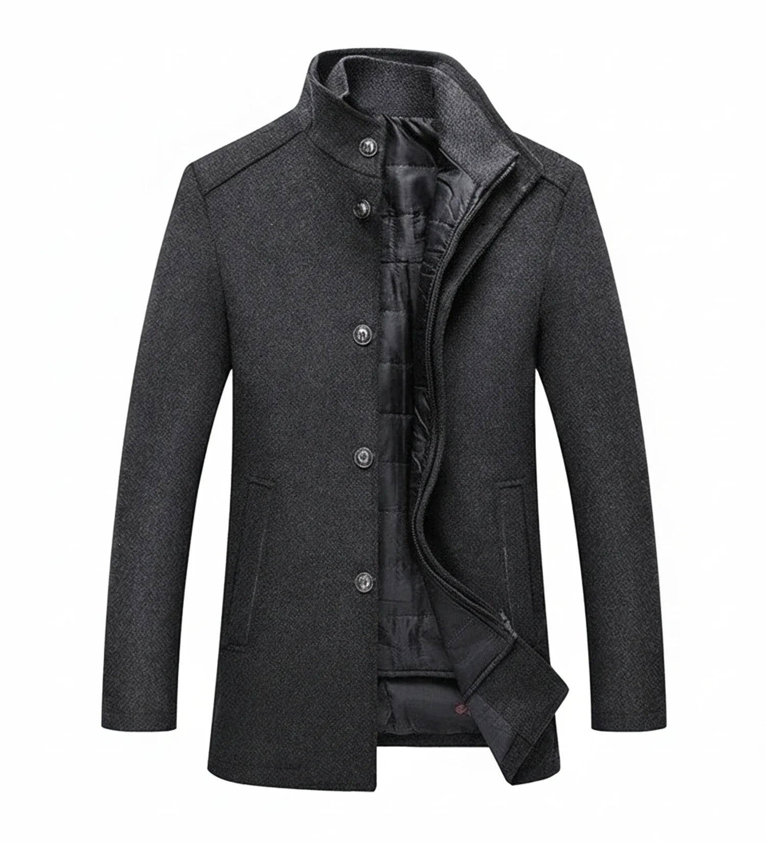 Men's mid-length wool overcoat slim fit stand collar quilted lining contemporary tailored style