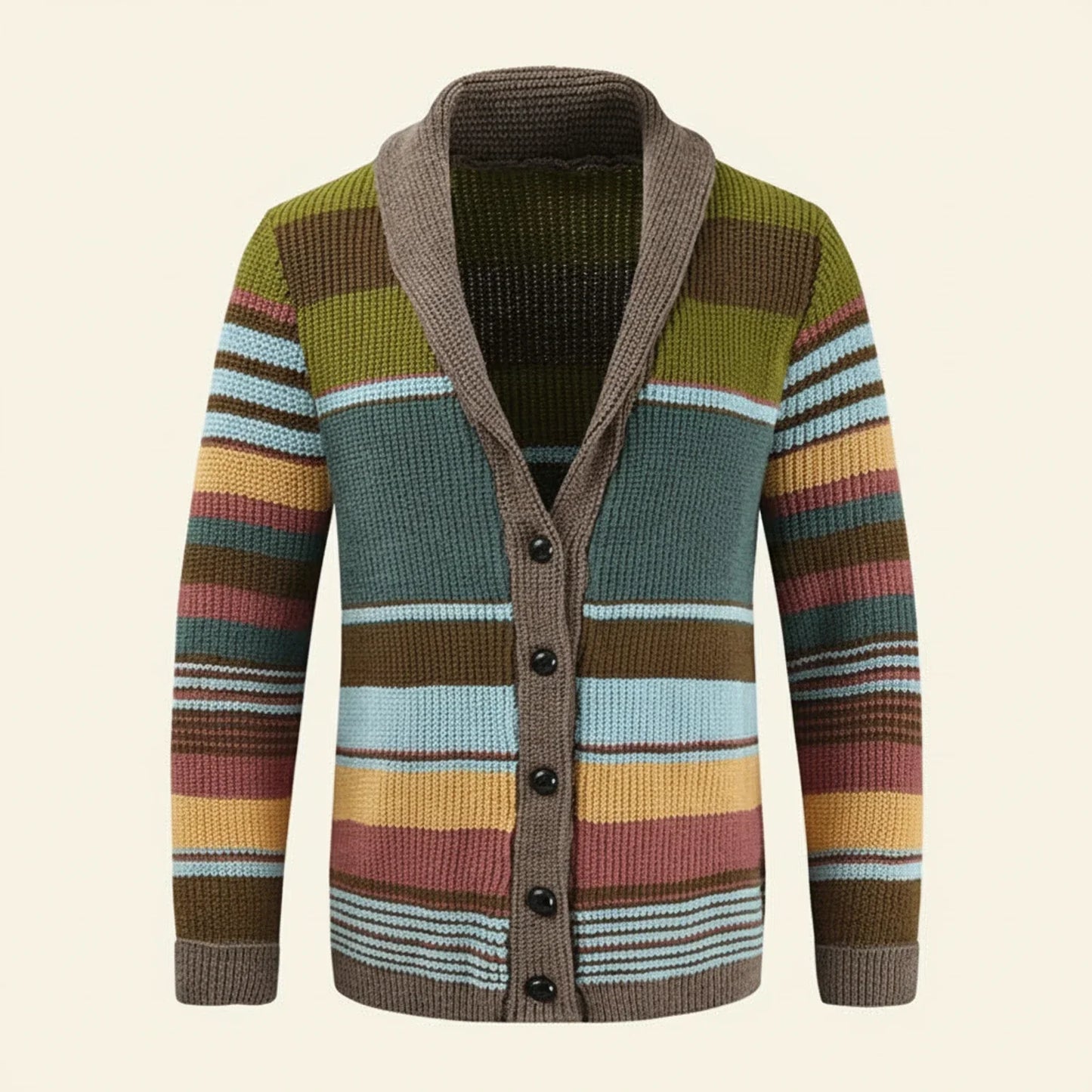 Men's Multicolor Striped Shawl Collar Cardigan Sweater With Button Front And Ribbed Knit Trim