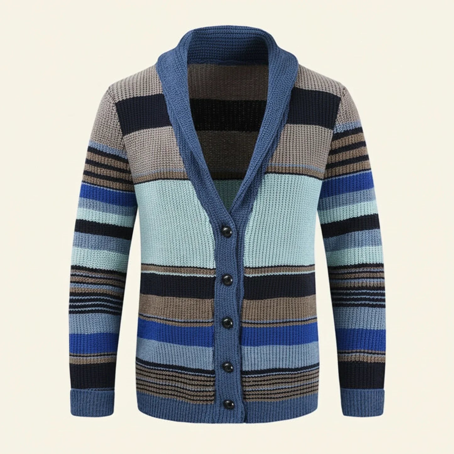 Men's Multicolor Striped Shawl Collar Cardigan Sweater With Button Front And Ribbed Knit Trim