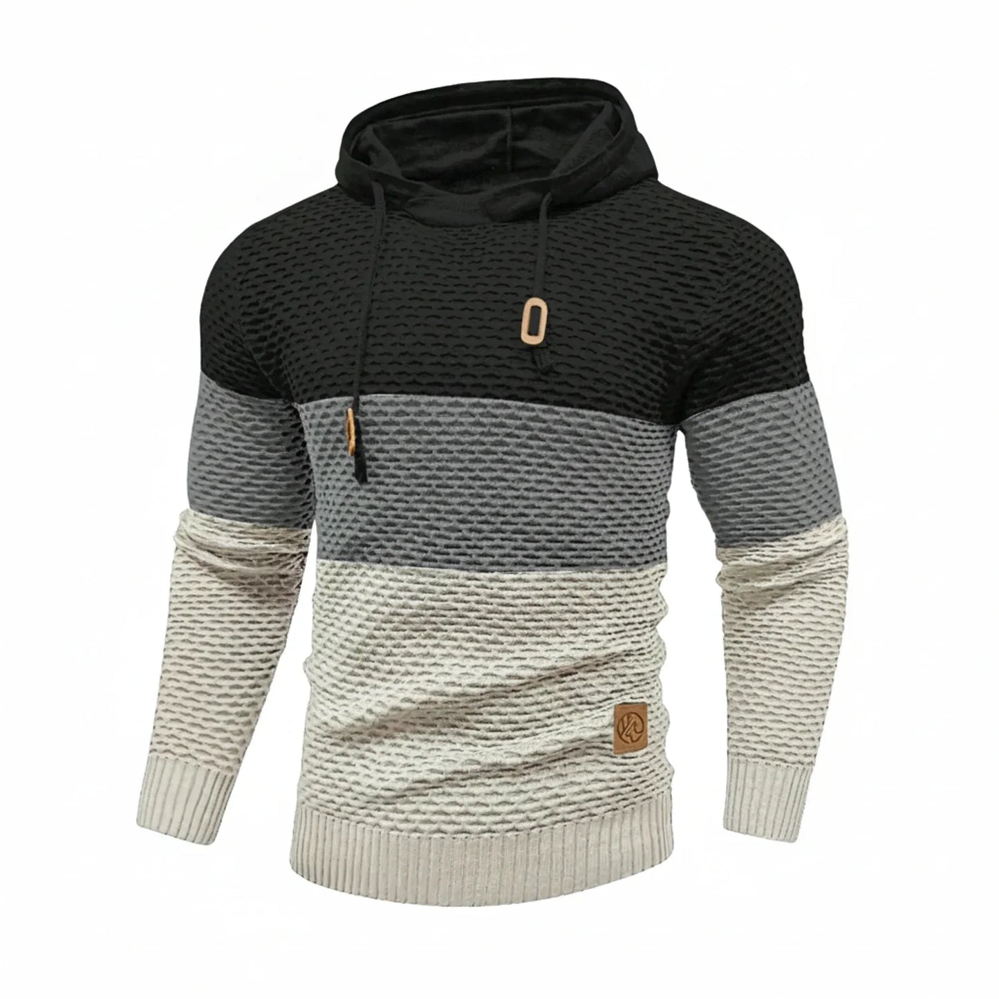 Men's block stripe knit hoodie with drawstring hood, ribbed cuffs, color-blocked silhouette