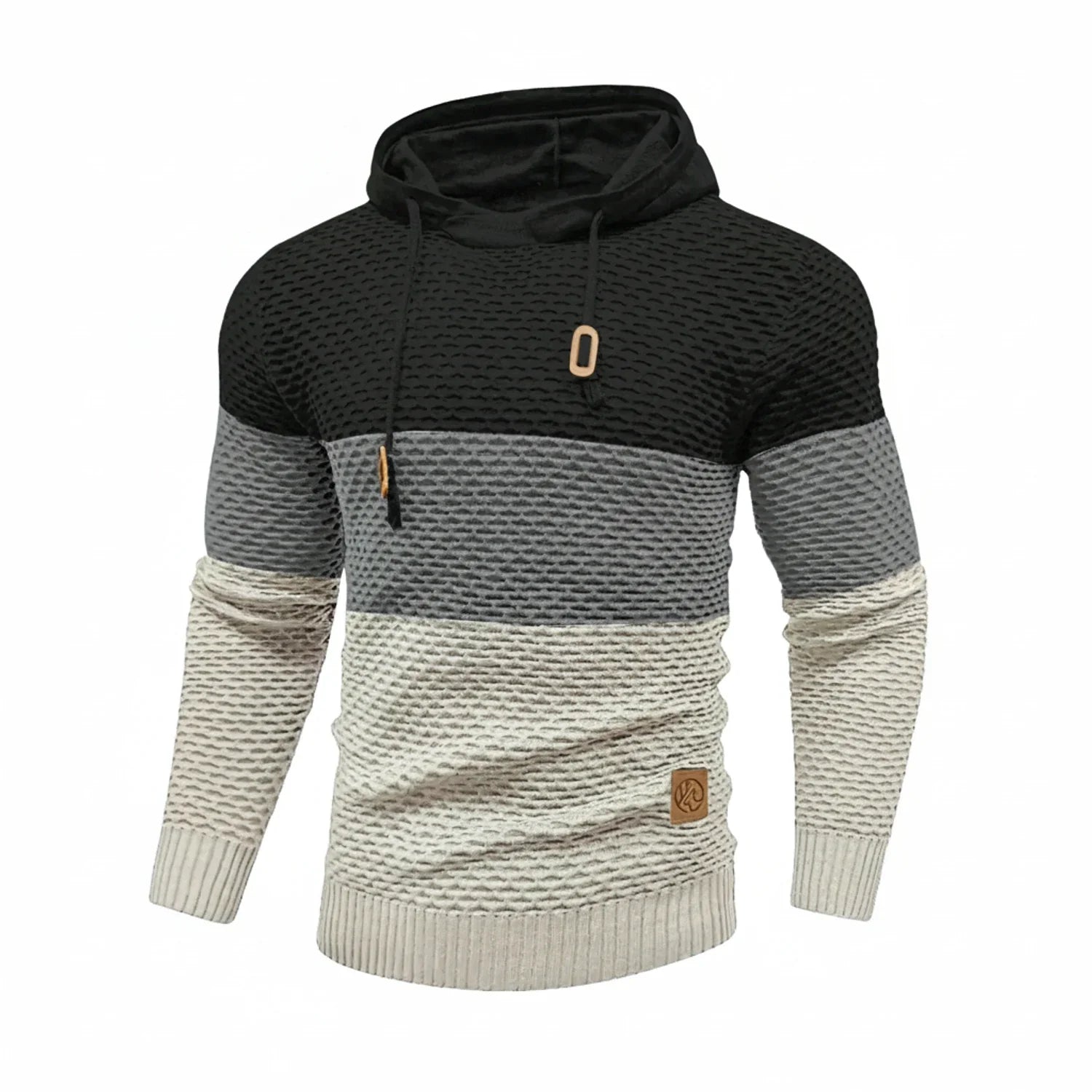 Men's block stripe knit hoodie with drawstring hood, ribbed cuffs, color-blocked silhouette